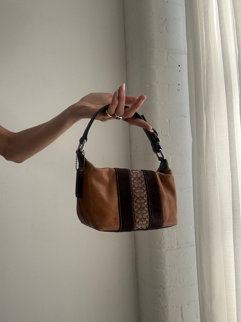 Vintage Y2K Coach Leather Shoulder Bag – Brown Patchwork Mini Hobo Bag