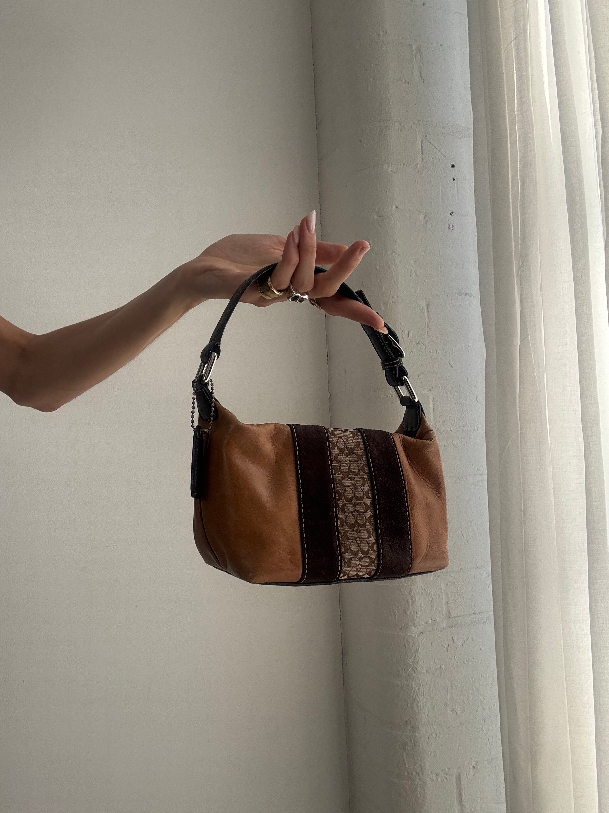 Vintage Y2K Coach Leather Shoulder Bag – Brown Patchwork Mini Hobo Bag