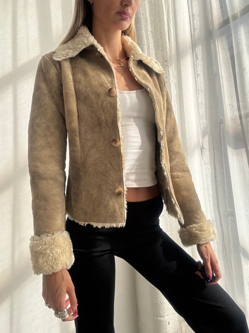 Vintage Y2K Tan Suede Faux Fur Trim Jacket - Size XS