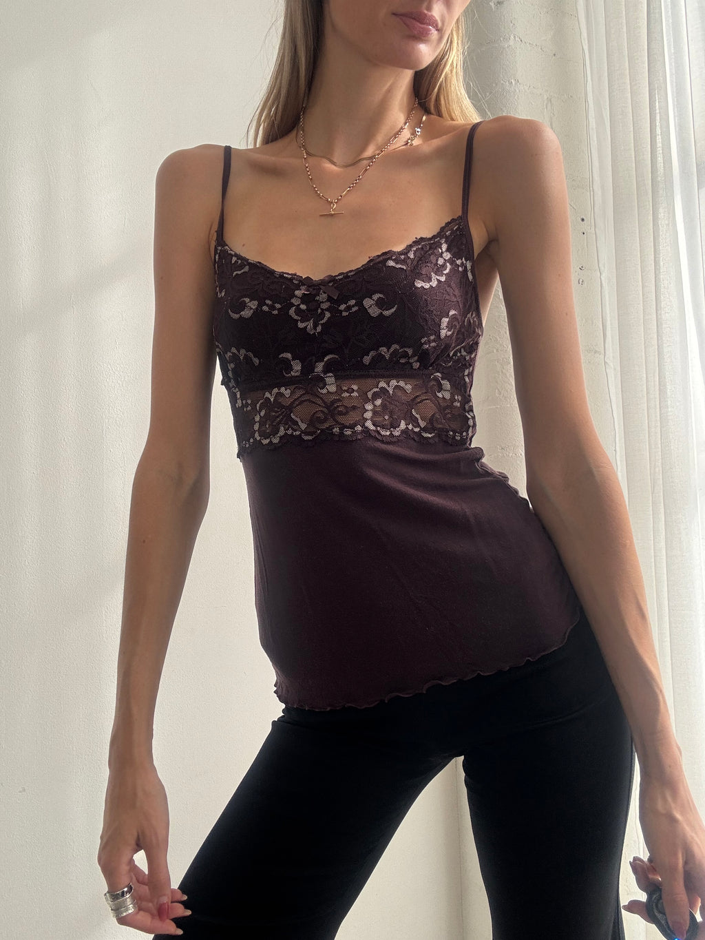 Vintage Y2K Chocolate Brown Lace Panel Cami Top - Size S
