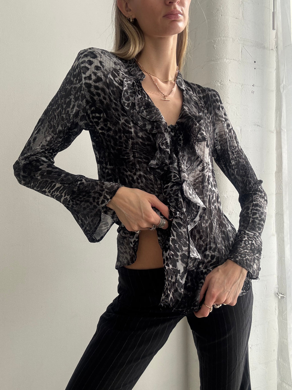 Vintage Y2K sheer animal print ruffle blouse