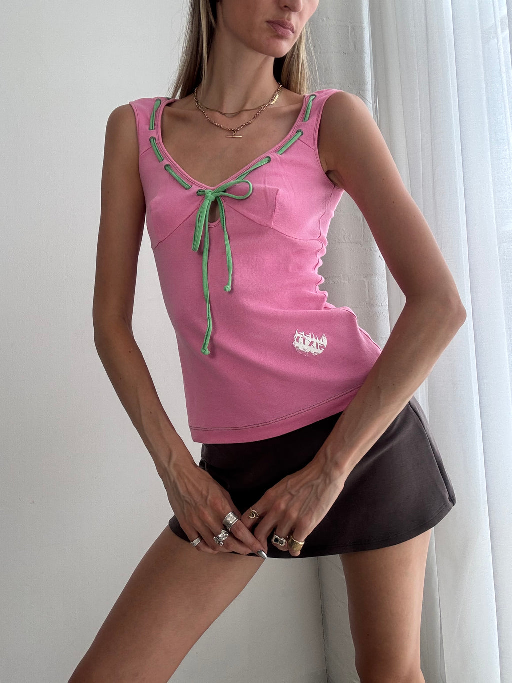 Vintage Miss Sixty Y2K Pink Tie Front Tank Top – Contrast Trim Ribbed Cami - Size S