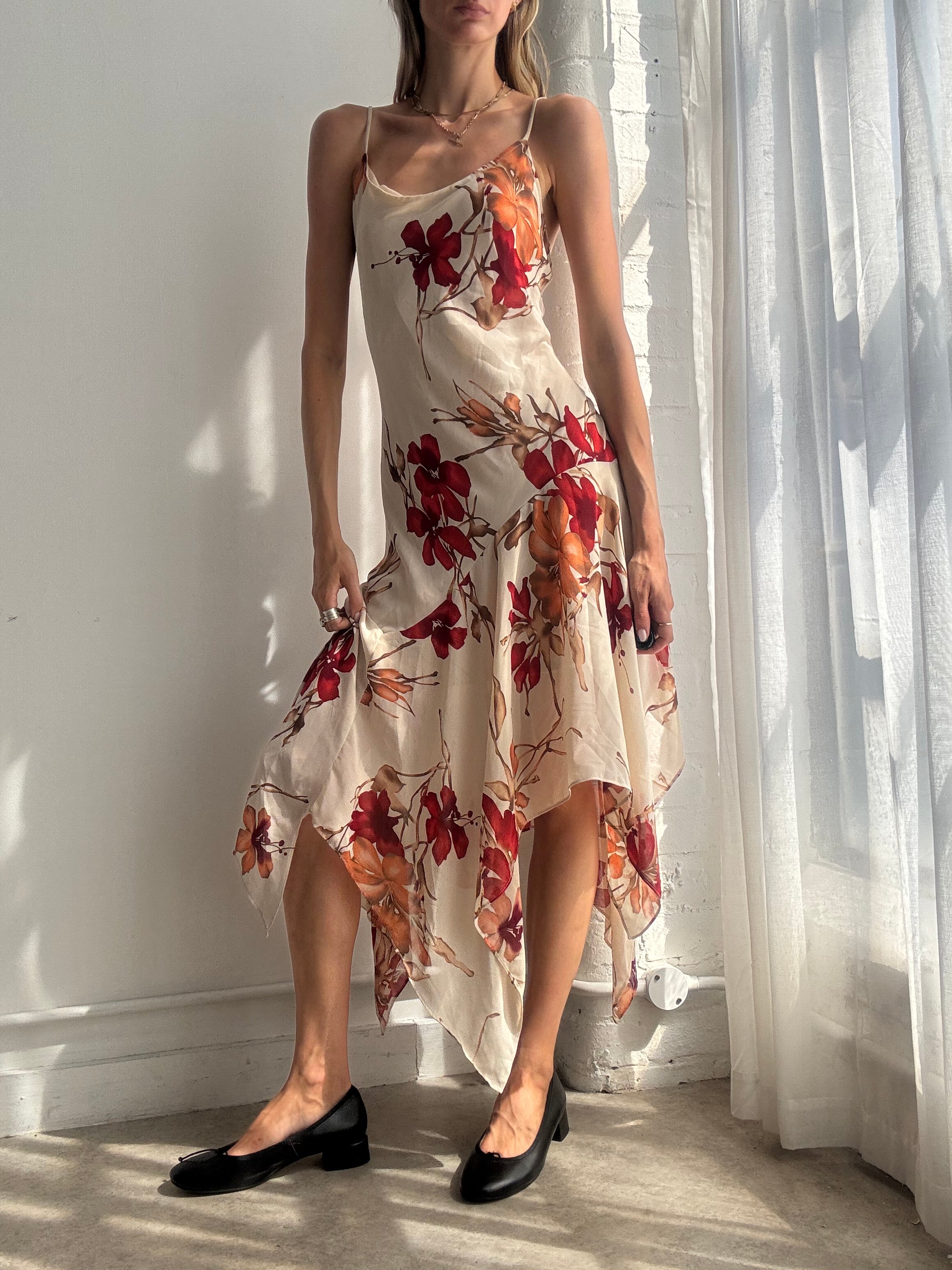 Vintage Y2K Floral Handkerchief Hem Slip Dress - Size L