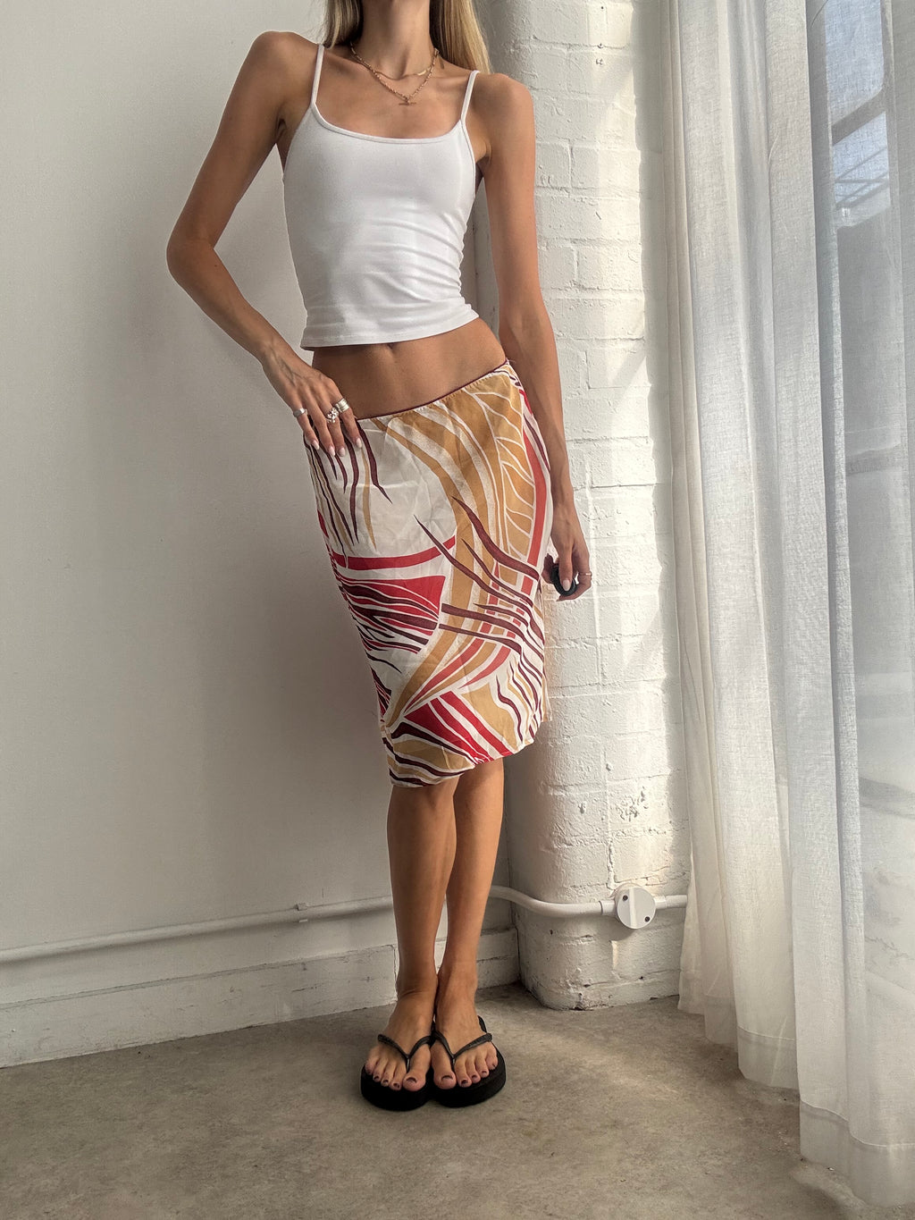 Vintage Y2K Abstract Print Mesh Midi Skirt - Size S
