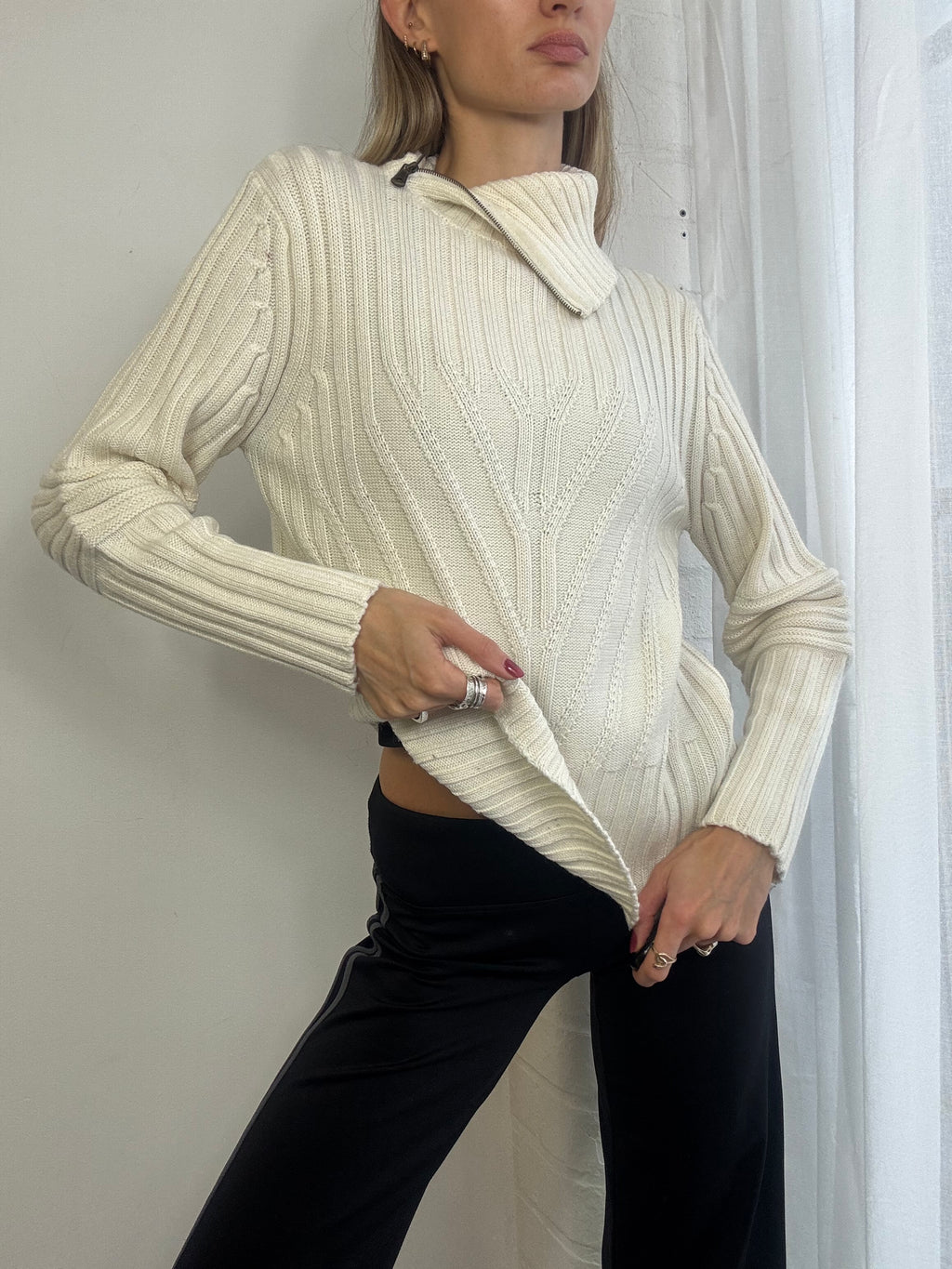 Vintage Y2K cream knitted jumper asymmetric zip