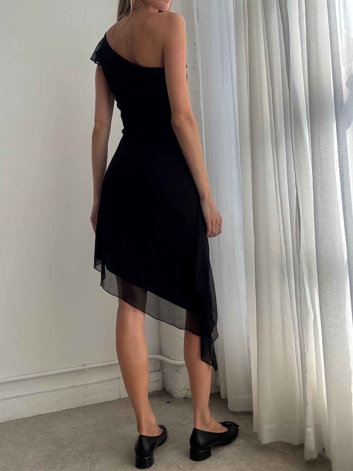 Vintage Y2K Black One Shoulder Asymmetric Mesh Midi Dress - Size L