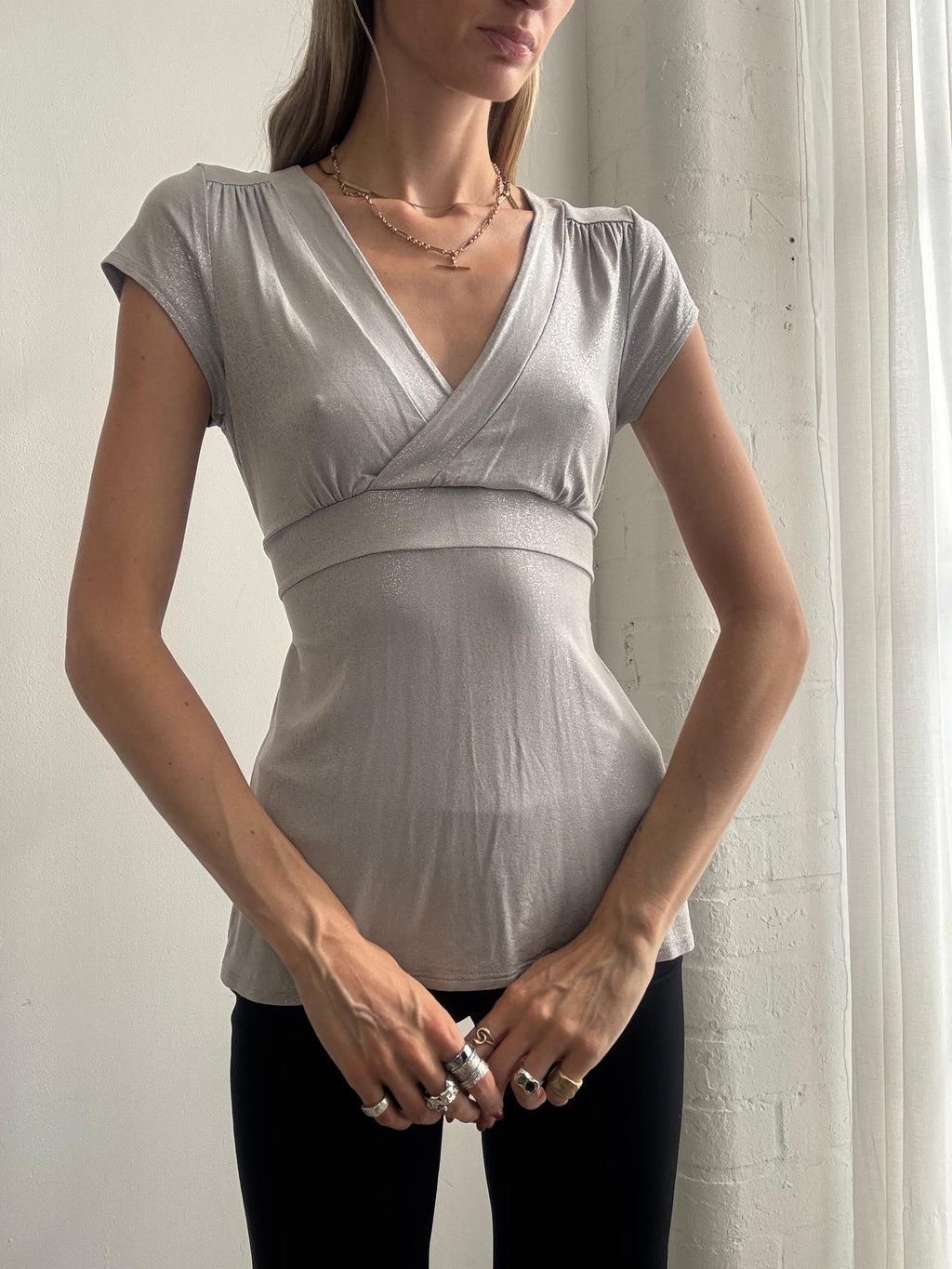 Vintage Y2K Silver Grey Empire Waist Wrap Top - Size S