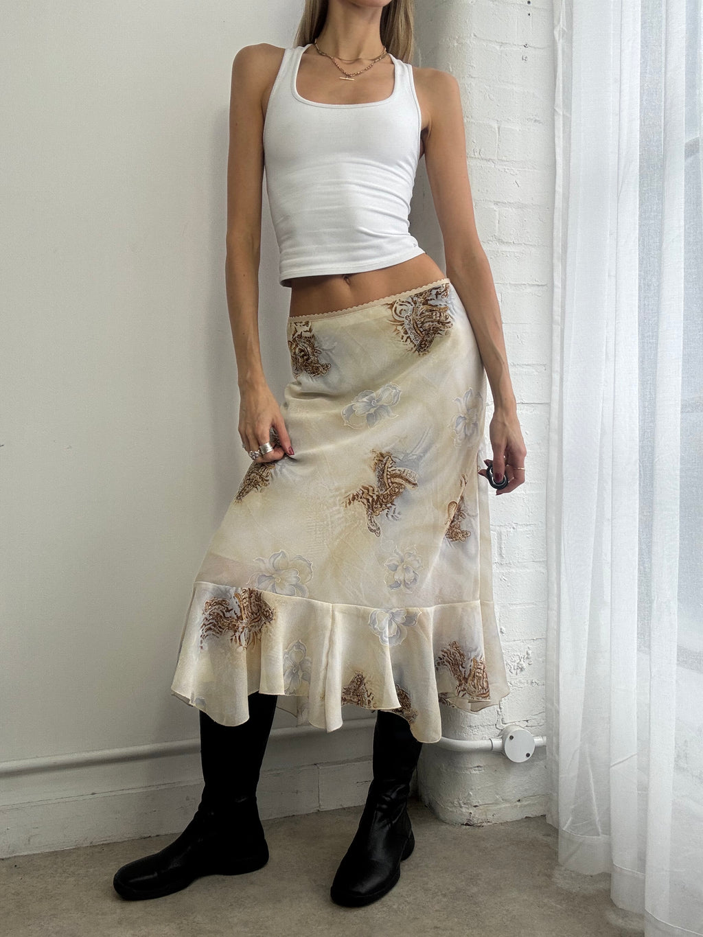 Vintage Y2K blue and brown mesh midi skirt ruffle