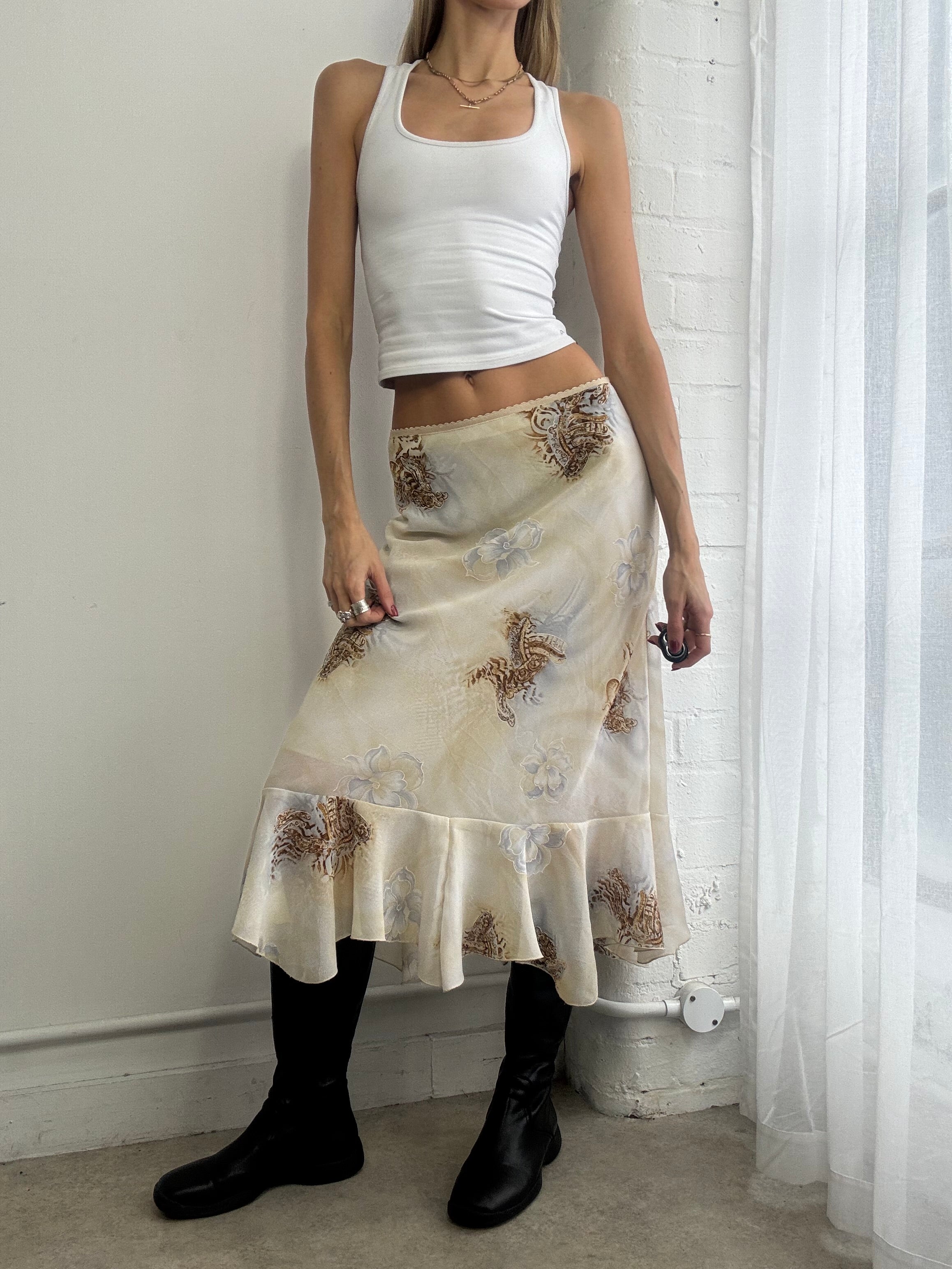 Vintage Y2K blue and brown mesh midi skirt ruffle