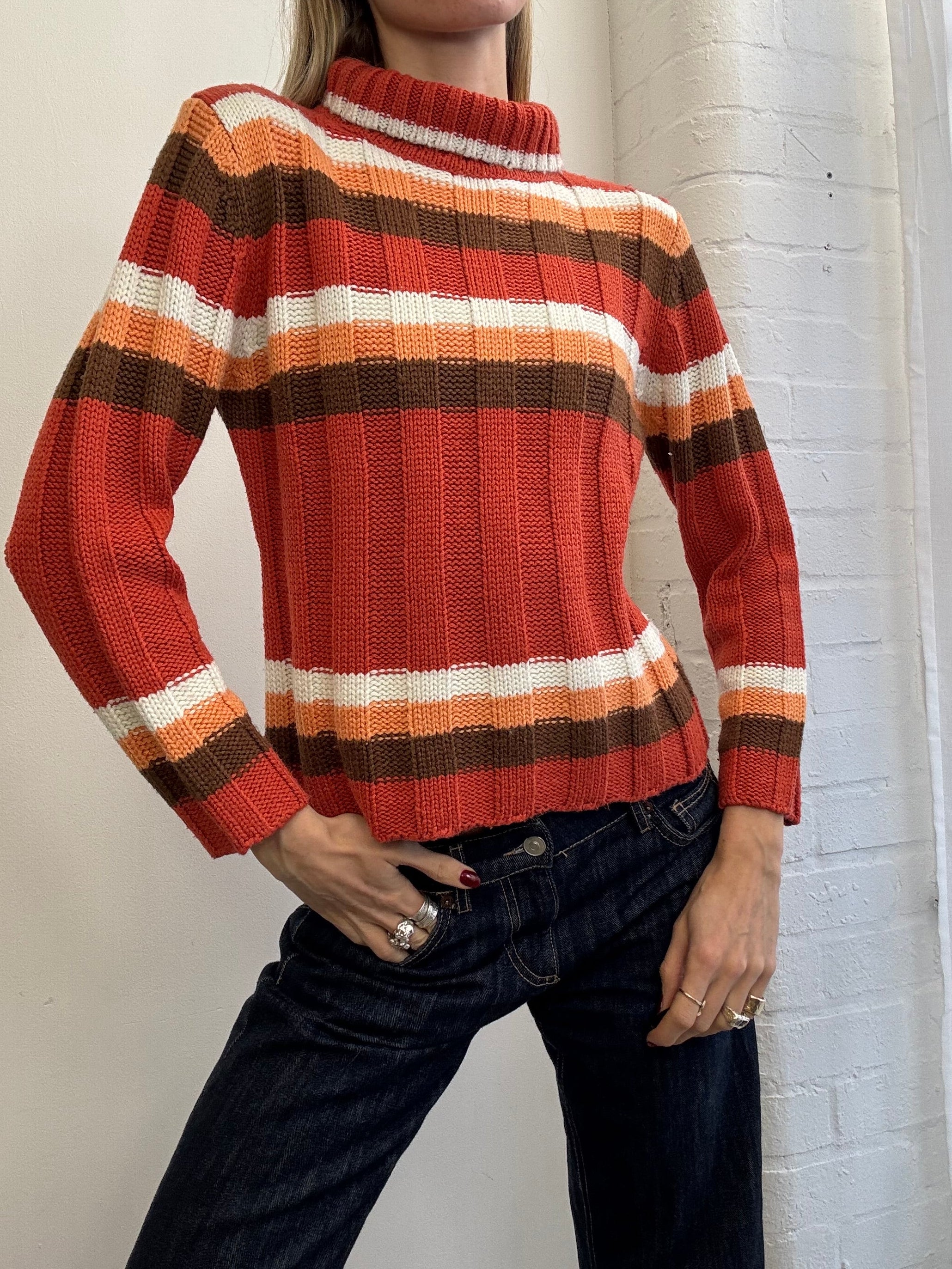 Vintage Y2K stripe roll neck jumper orange