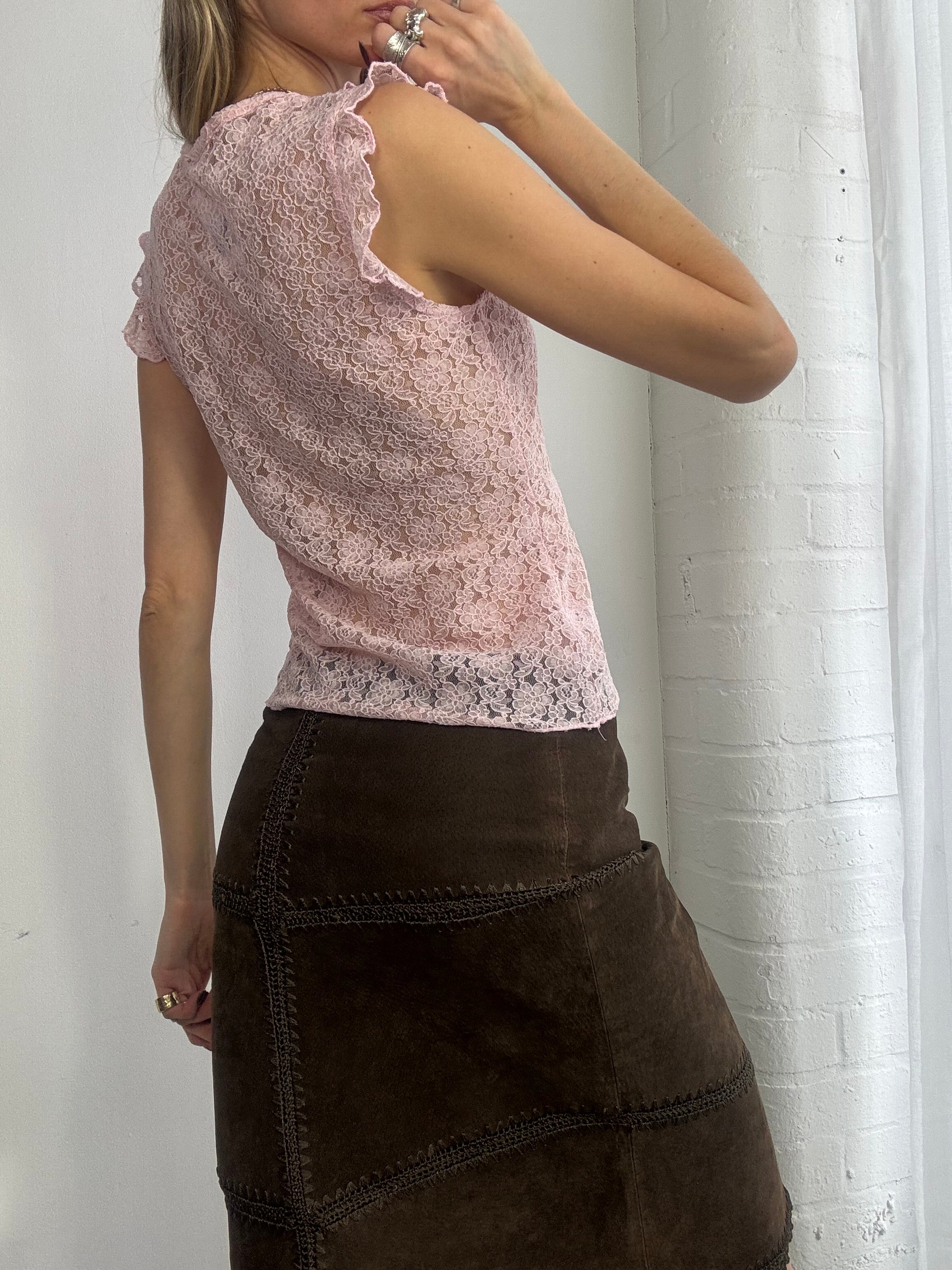 Vintage Y2K pink lace ruffle trim sleeveless top - Size S