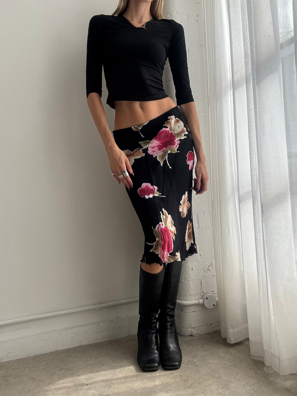 Vintage Y2K Black Floral Mesh Midi Skirt - Size S/M