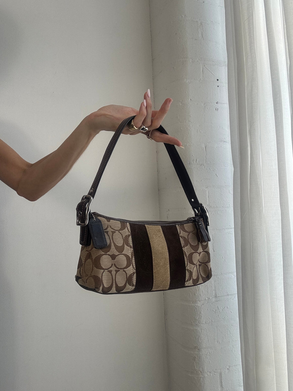 Vintage Y2K Coach East West Shoulder Bag – Brown Monogram Stripe Baguette Bag