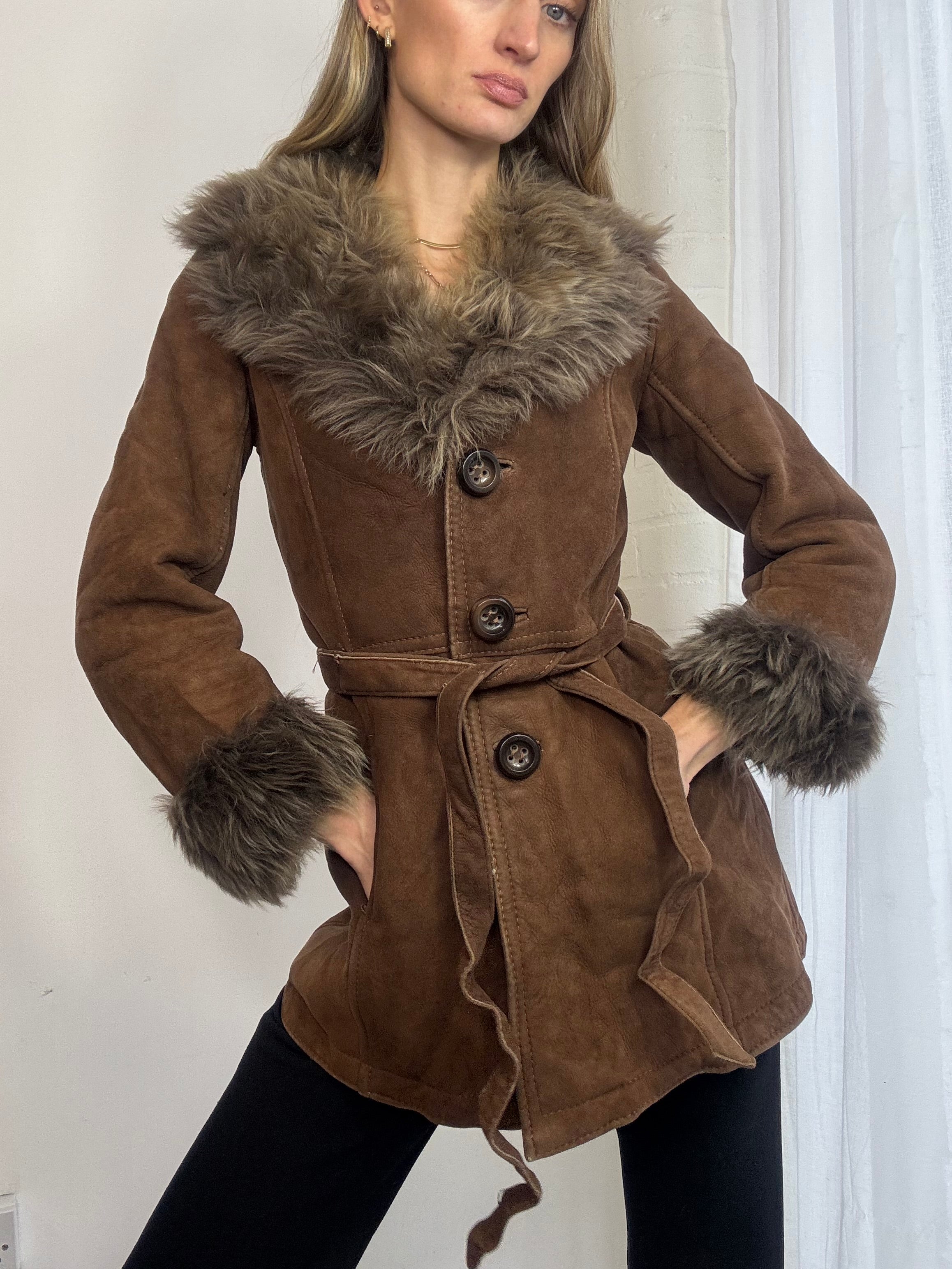 Vintage sheepskin suede coat brown