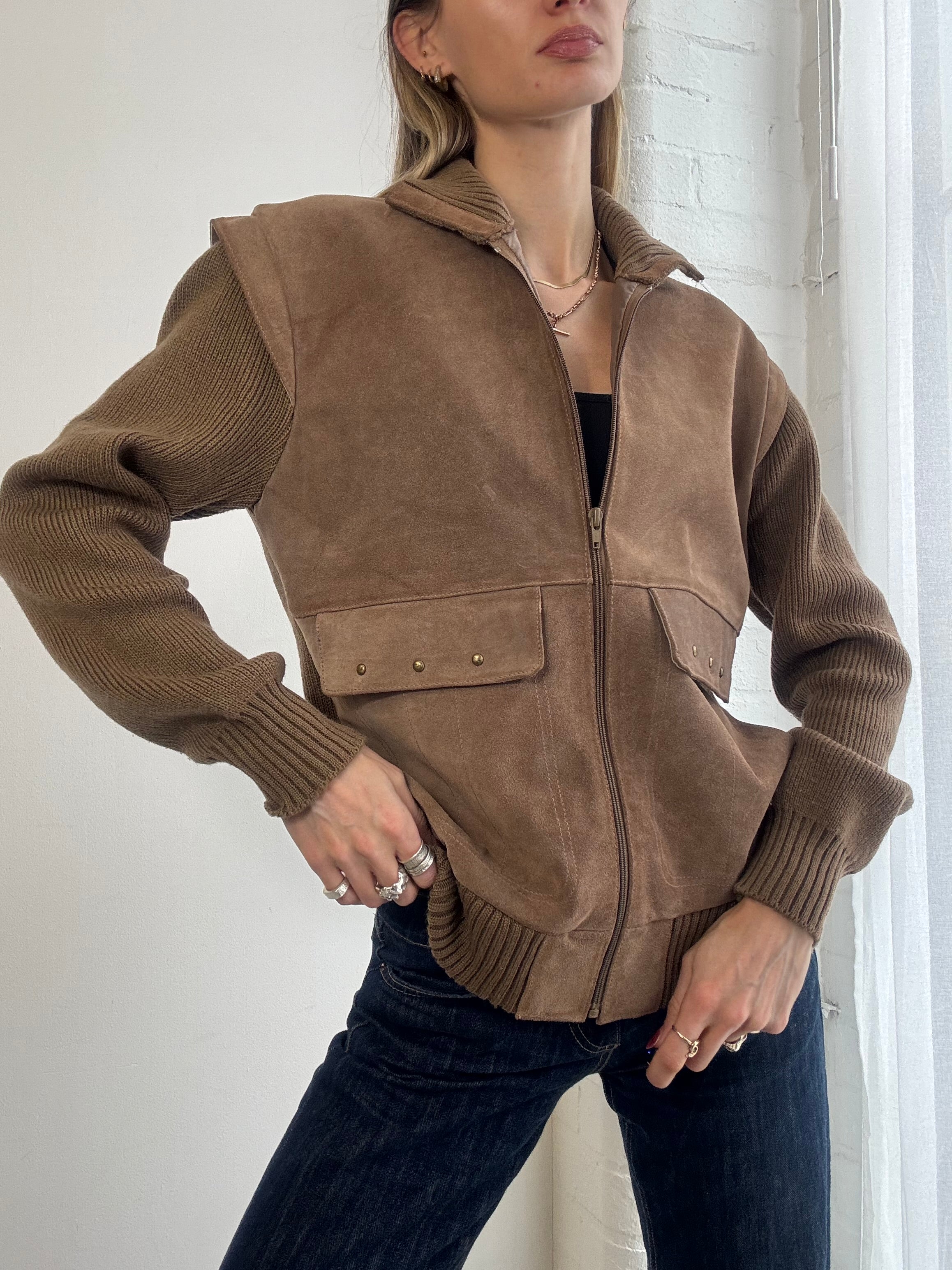 Vintage Y2K brown suede and knit zip jacket