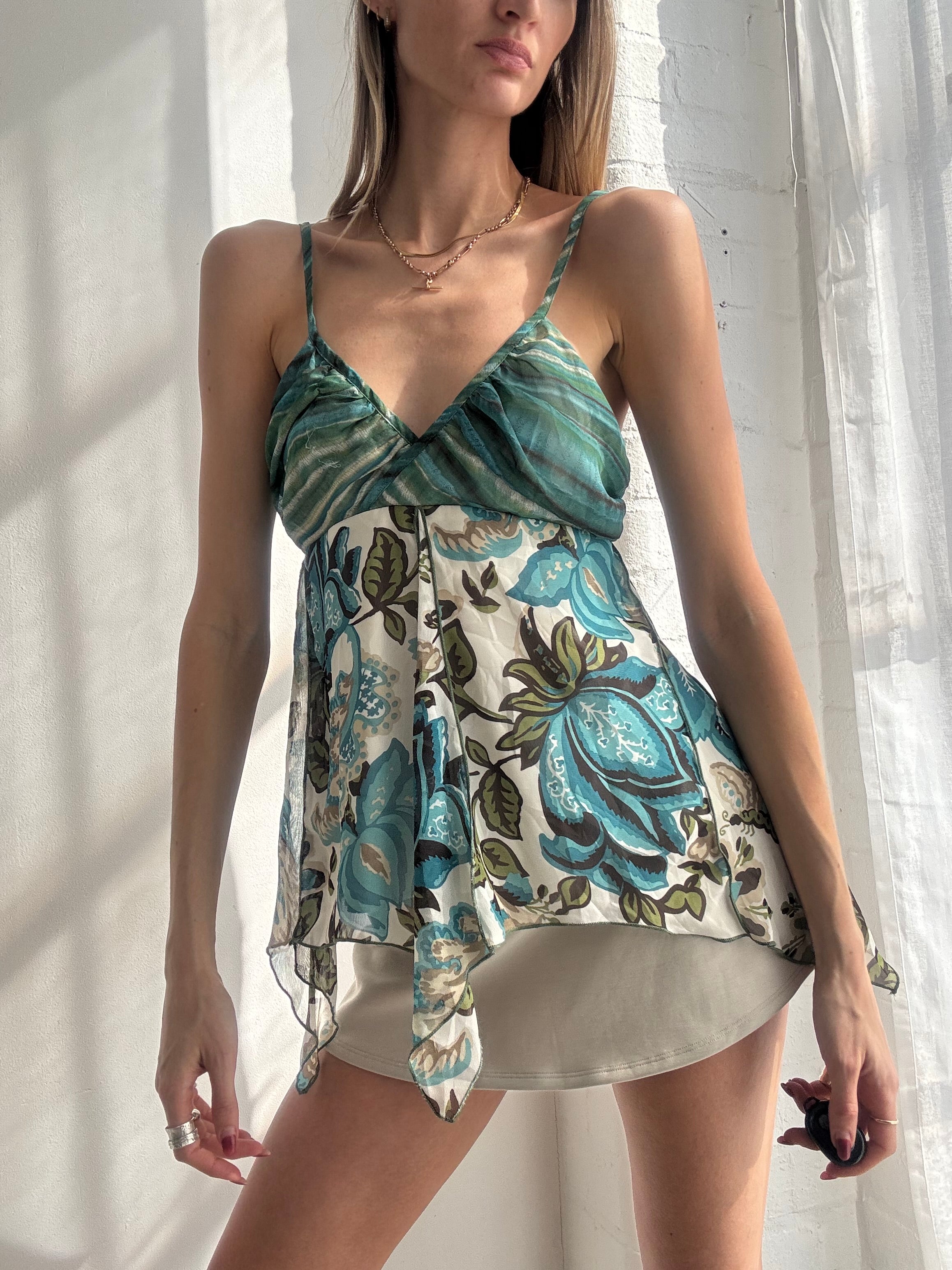 Vintage Y2K teal floral handkerchief hem mesh cami