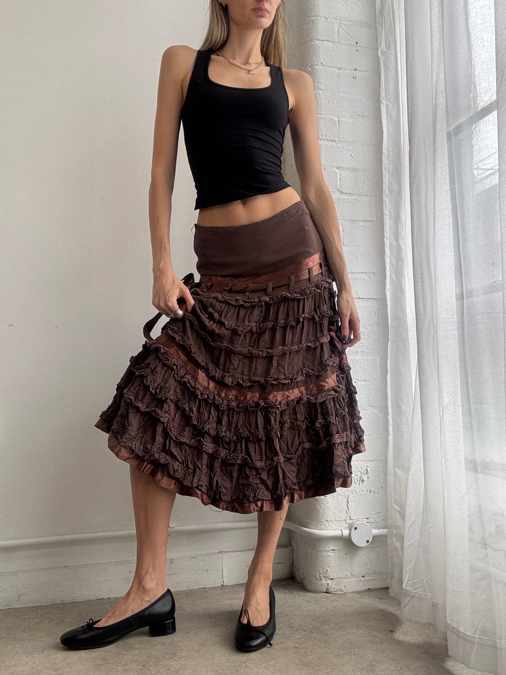Vintage Y2K brown ruffle midi skirt