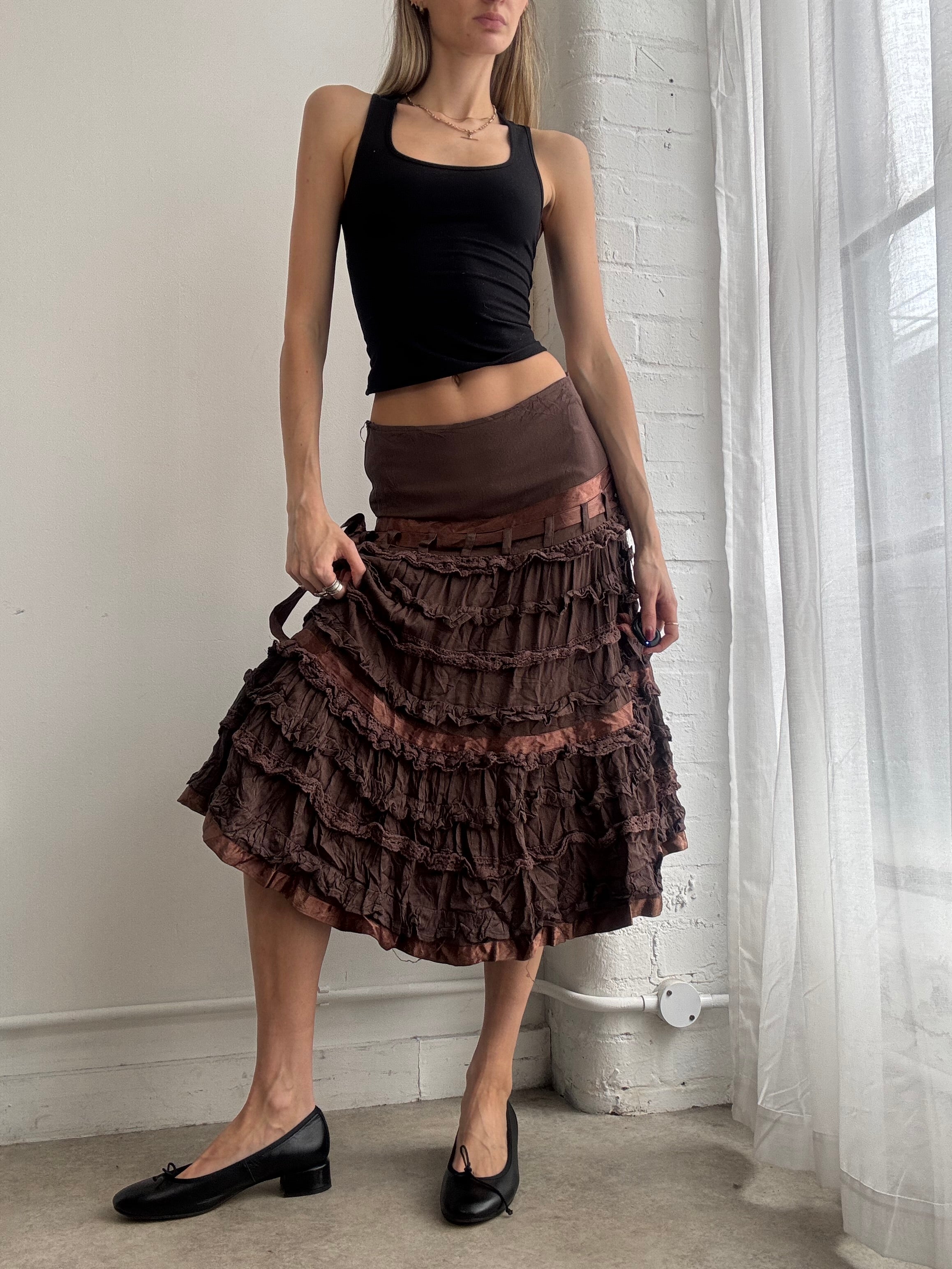 Vintage Y2K brown ruffle midi skirt