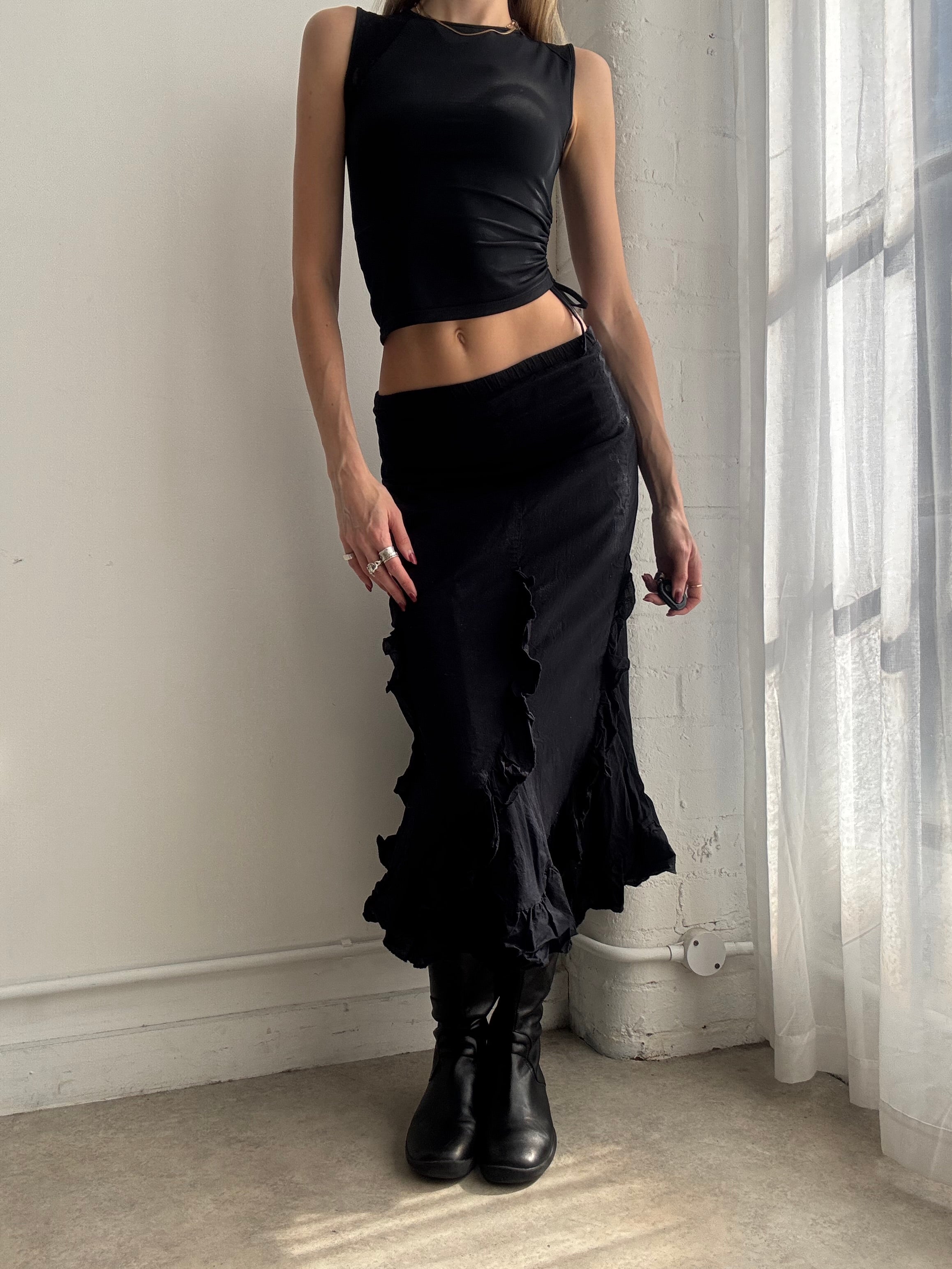 Vintage Y2K black ruffle cotton midi skirt