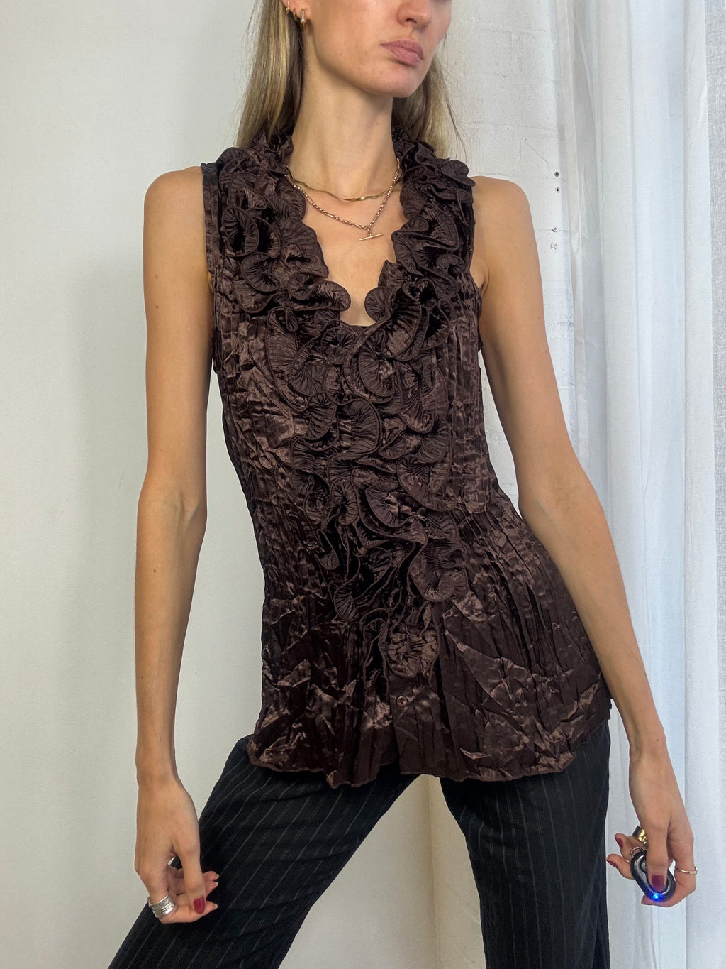 Vintage Y2K brown satin ruffle top