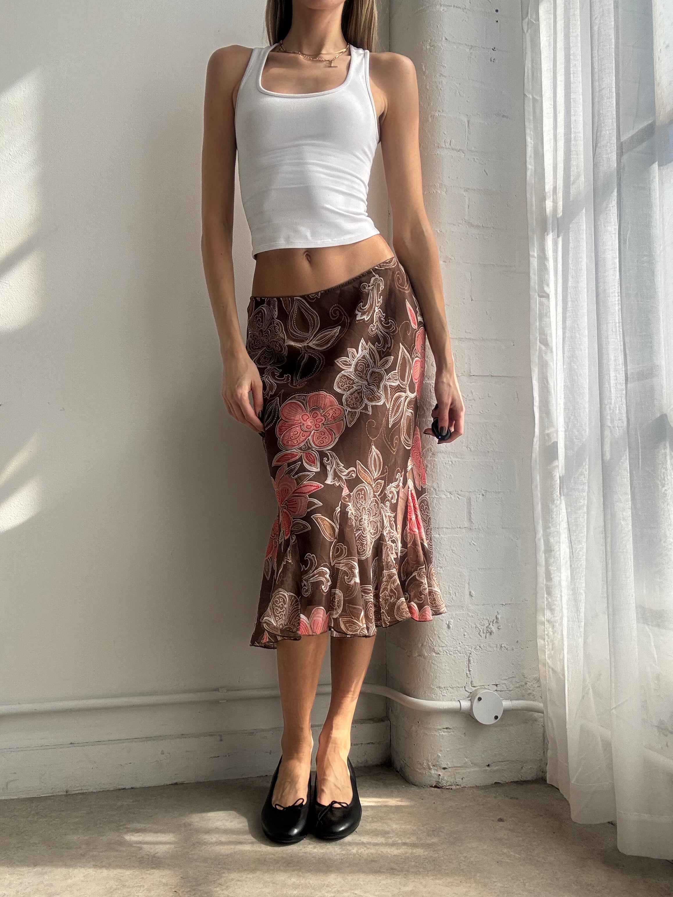 Vintage Y2K brown floral mesh ruffle hem midi skirt