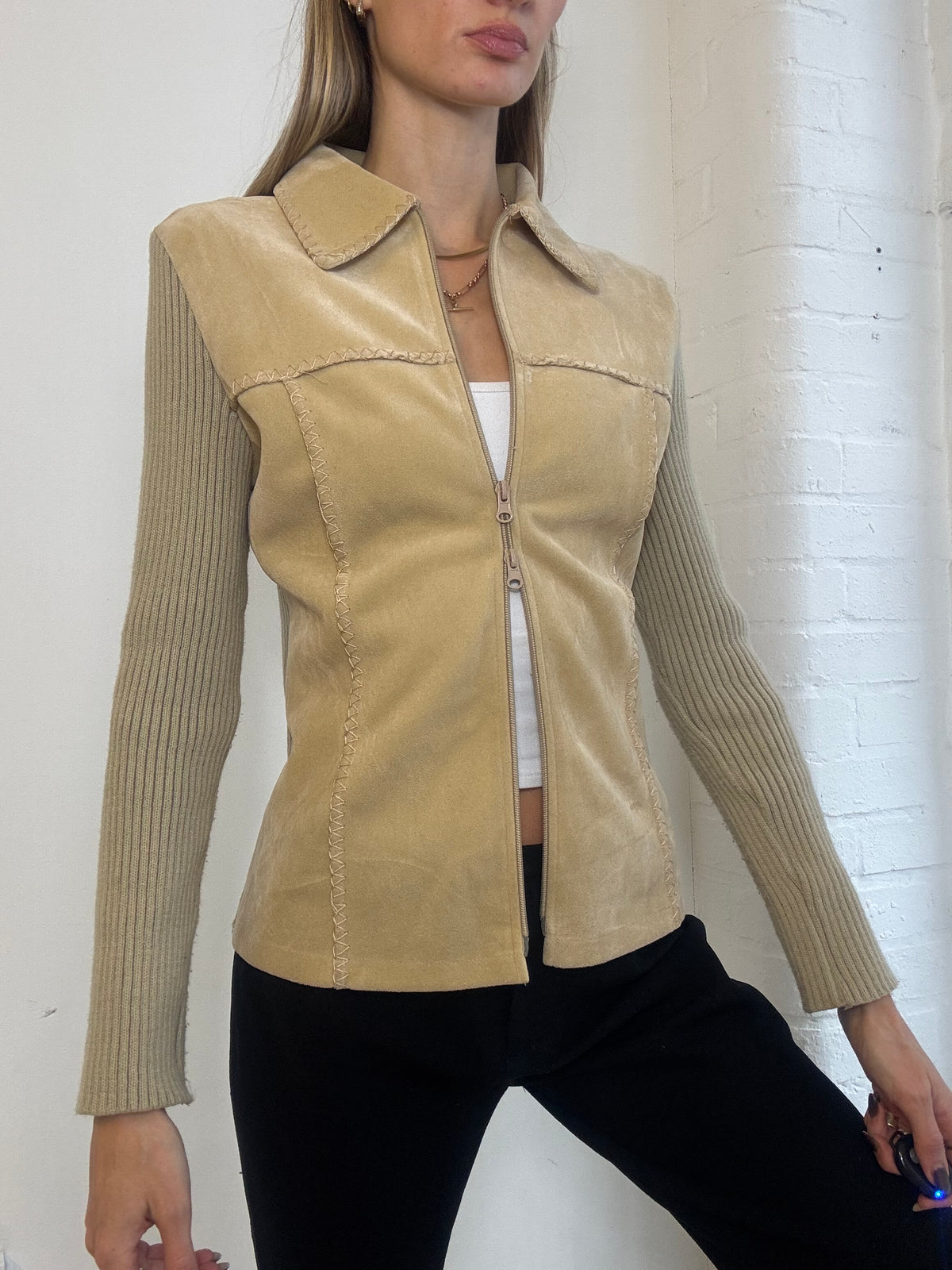 Vintage Y2K List Beige Faux Suede & Rib Knit Zip Jacket - Size M