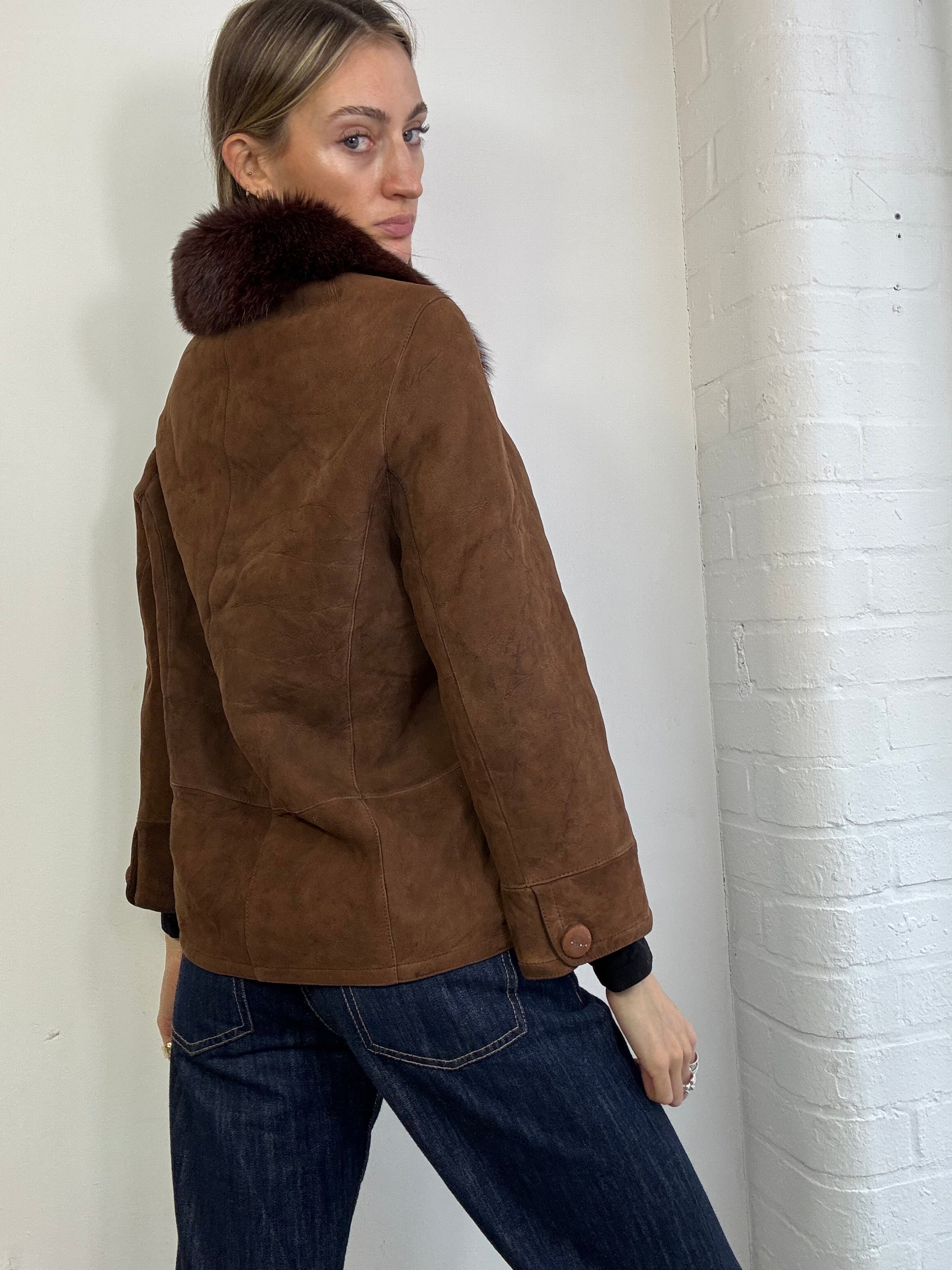 Vintage sheepskin coat with fox fur trim