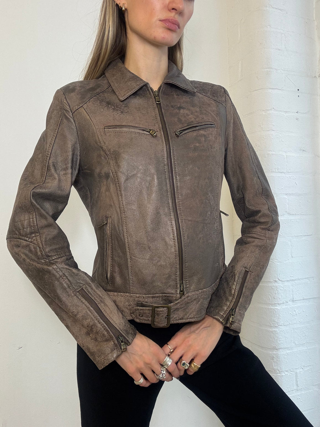 Vintage Y2K Distressed Taupe Real Leather Belted Zip Jacket - Size S