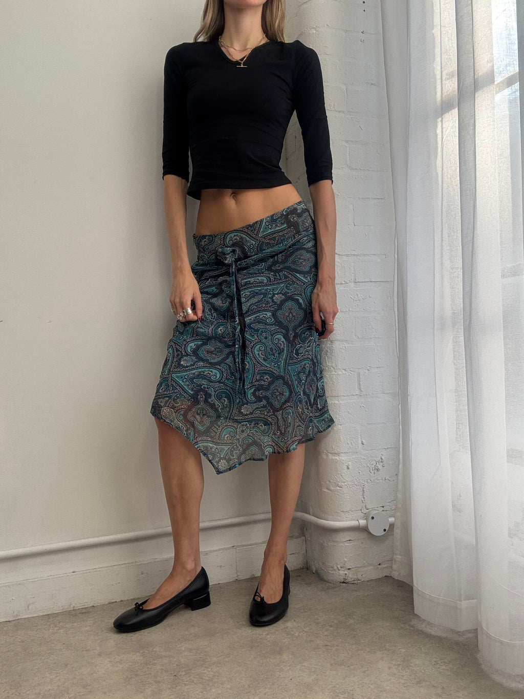 Vintage Y2K paisley print mesh asymmetric midi skirt blue