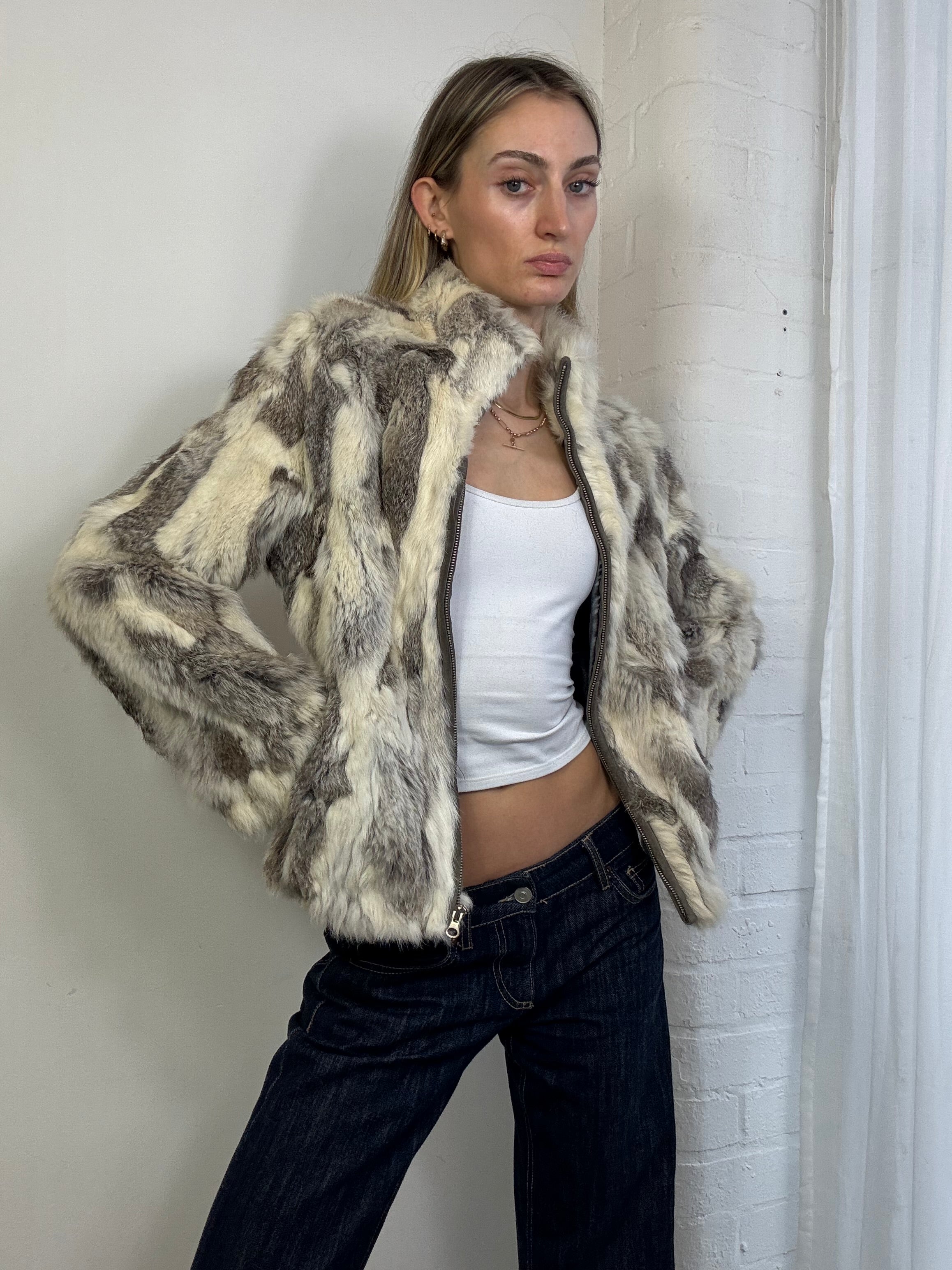 Vintage Y2K genuine fur zip up bomber jacket