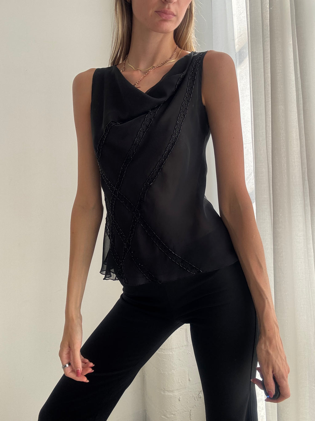 Vintage Y2K Black Sheer Cowl Neck Beaded Top - Size M