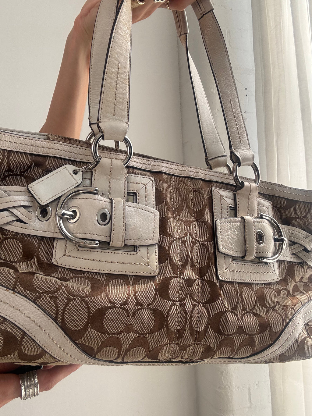 Vintage Vintage Y2K Coach Signature Shoulder Bag – Brown Monogram Canvas & Cream Leather