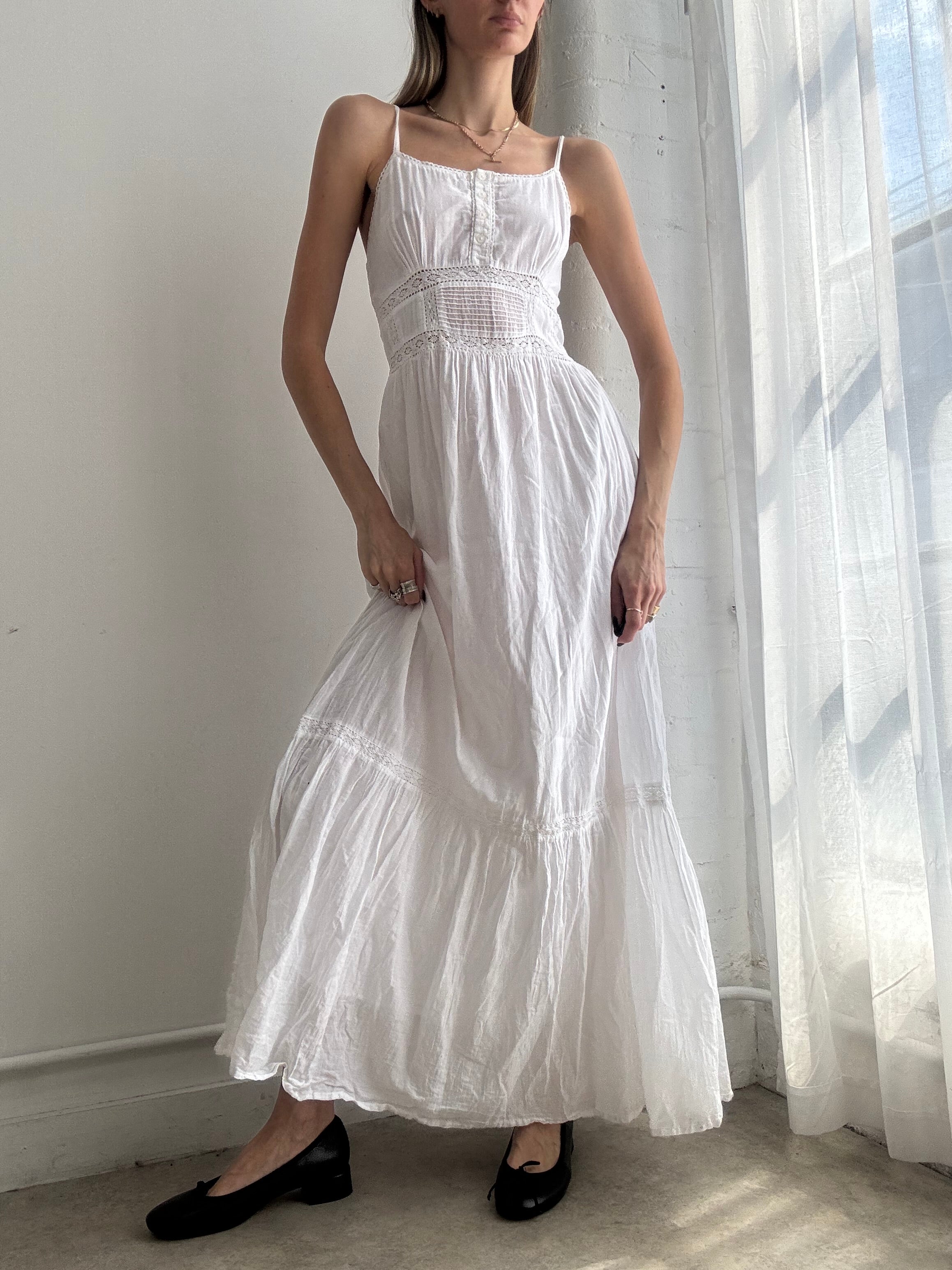 Vintage Y2K white cotton tiered maxi dress - Size M