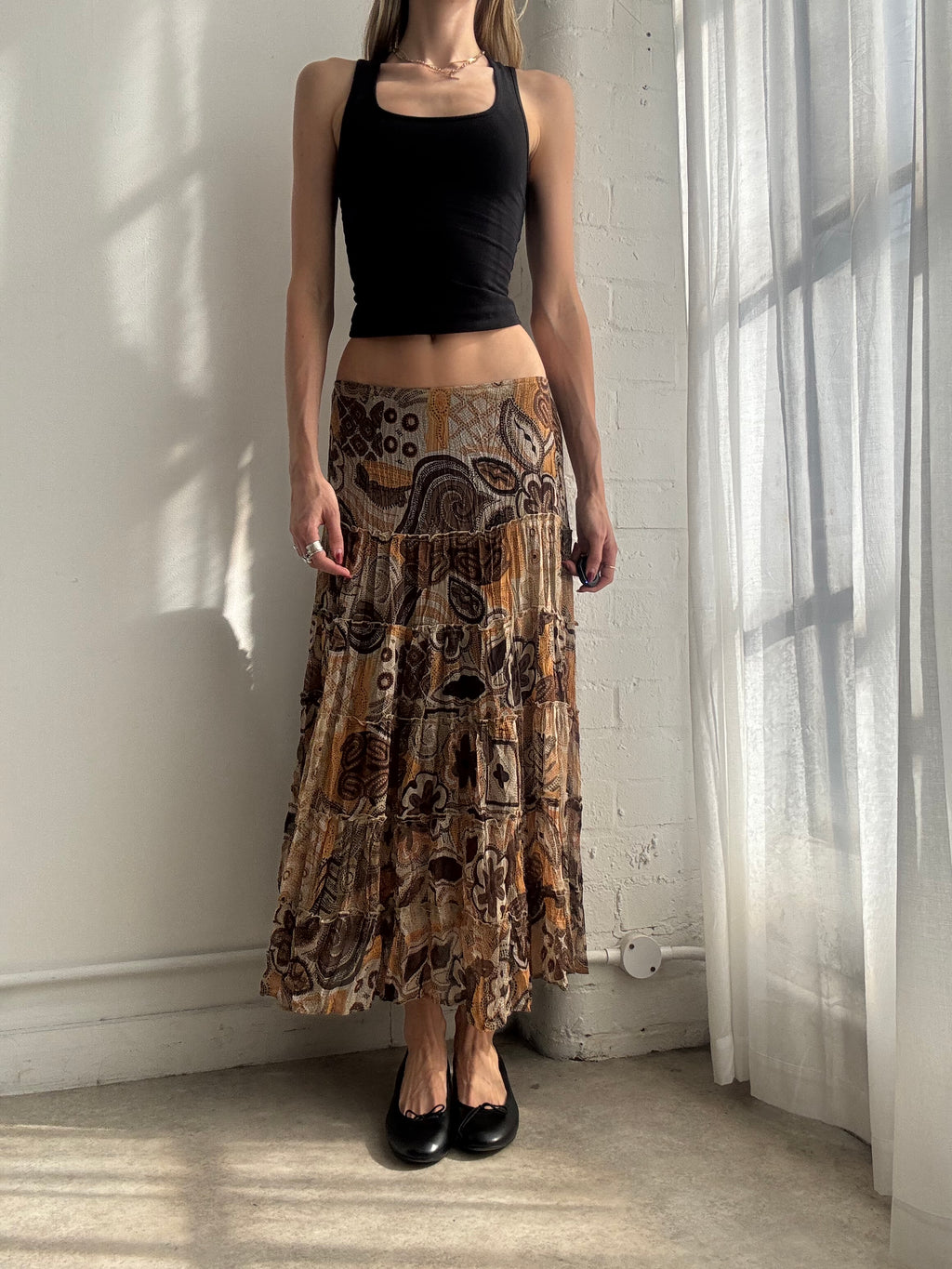 Vintage Y2K brown mesh paisley tiered maxi skirt