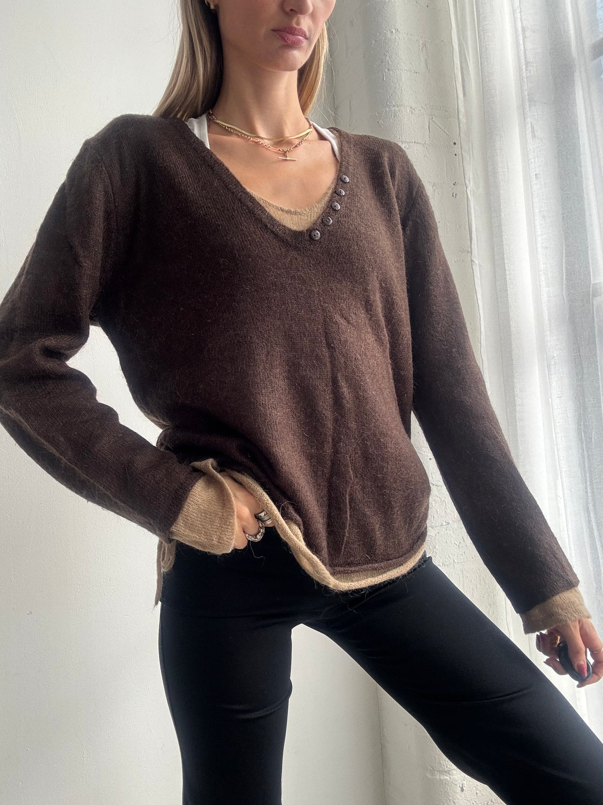 Vintage Y2K Chocolate Brown Layered V Neck Knit Jumper - Size L
