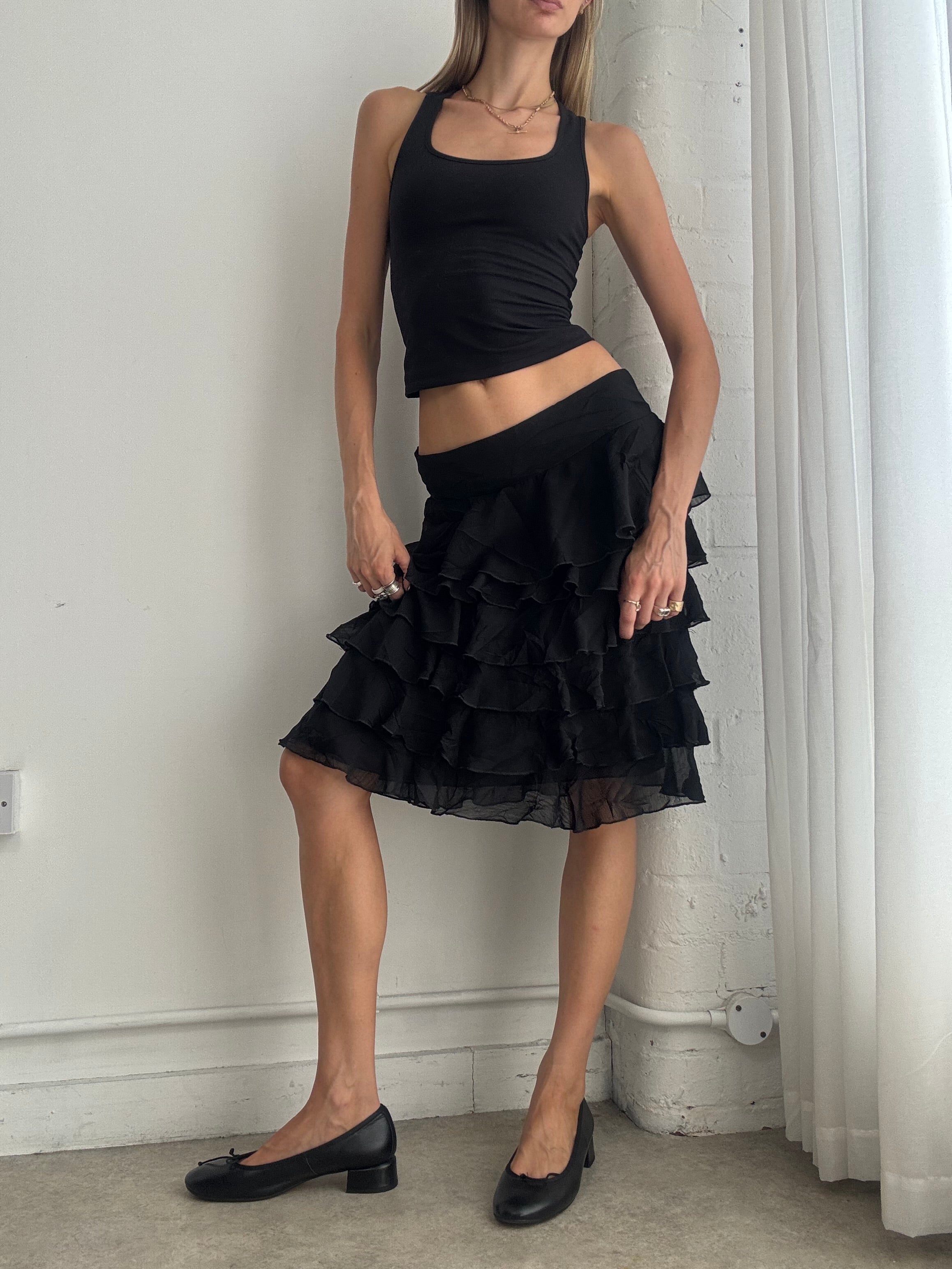Vintage Y2K Black Tiered Ruffle Midi Skirt – Boho Mesh Layered Skirt - Size S/M