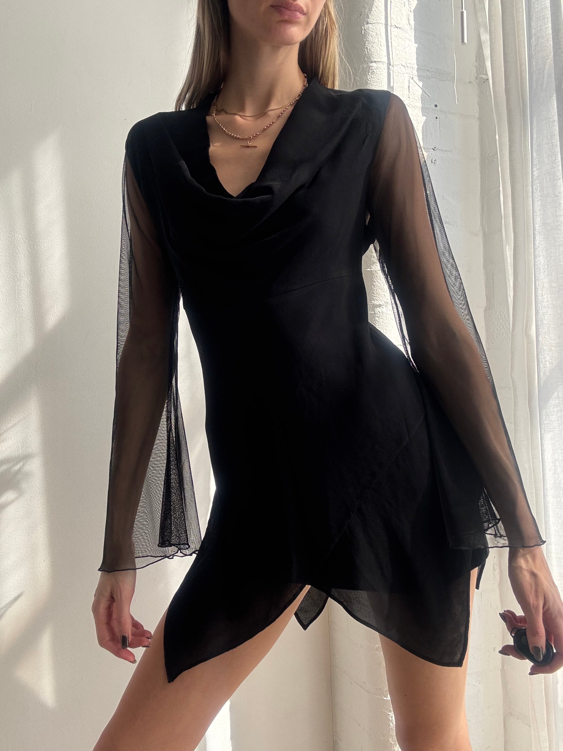 Vintage Y2K black sheer cowl neck mini dress / top - Size L Christie's Cupboard Vintage Y2K black sheer cowl neck mini dress / top - Size L Christie's Cupboard