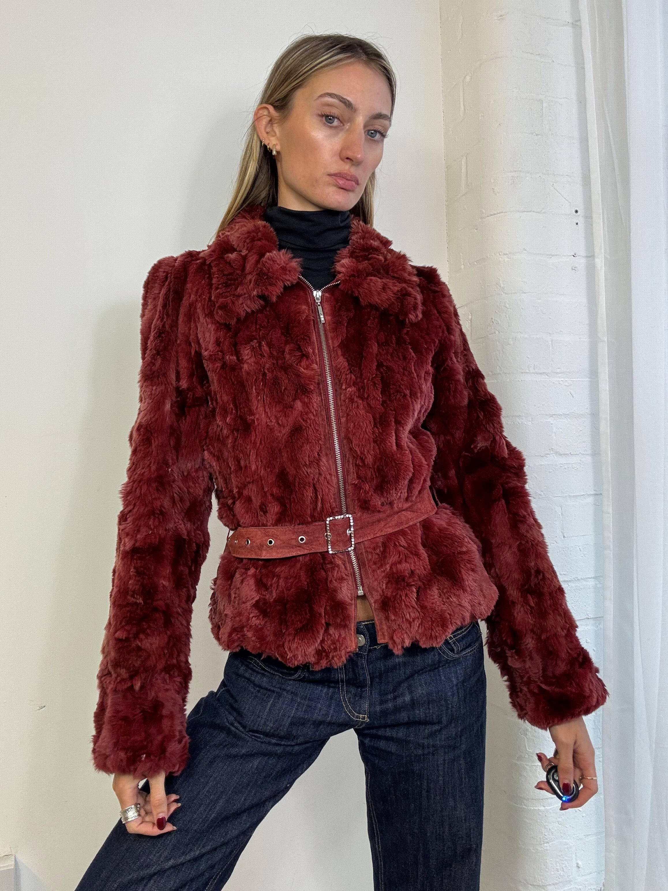Vintage Y2K burgundy genuine fur zip up jacket