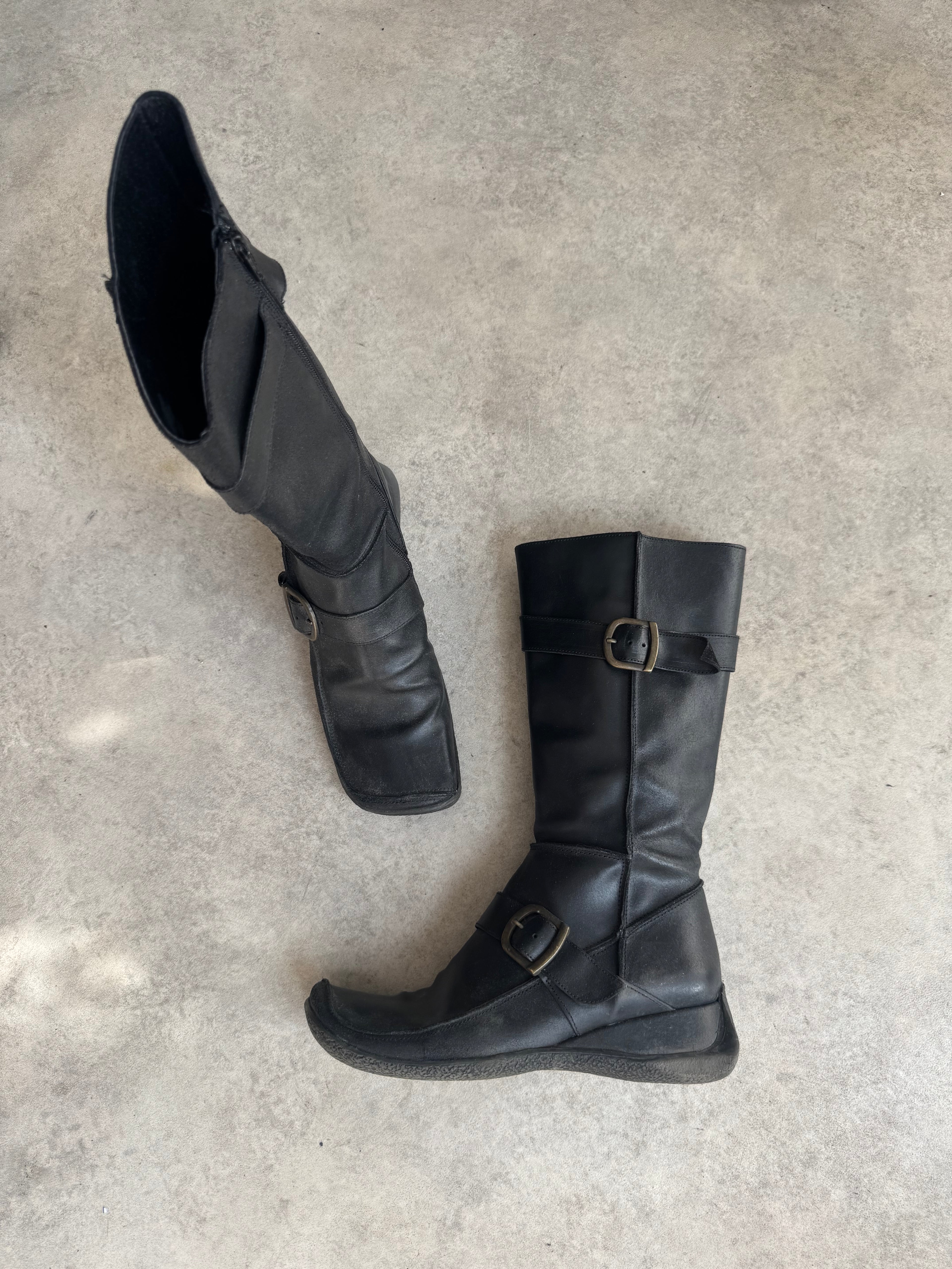 Vintage Y2K Black Leather Square Toe Buckle Boots - Size UK 6 / EU39