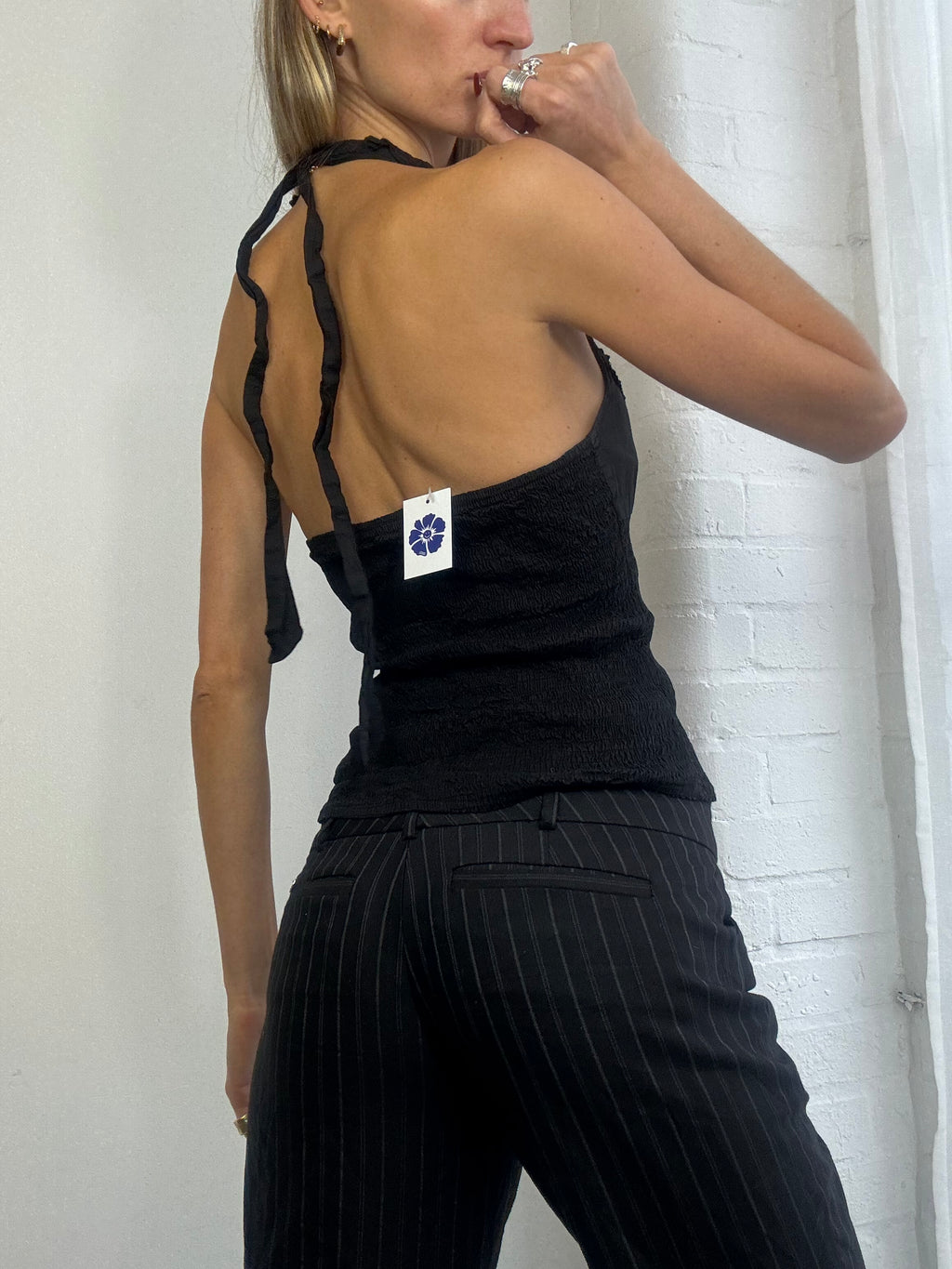 Vintage Y2K shirred ruffle halter neck top black