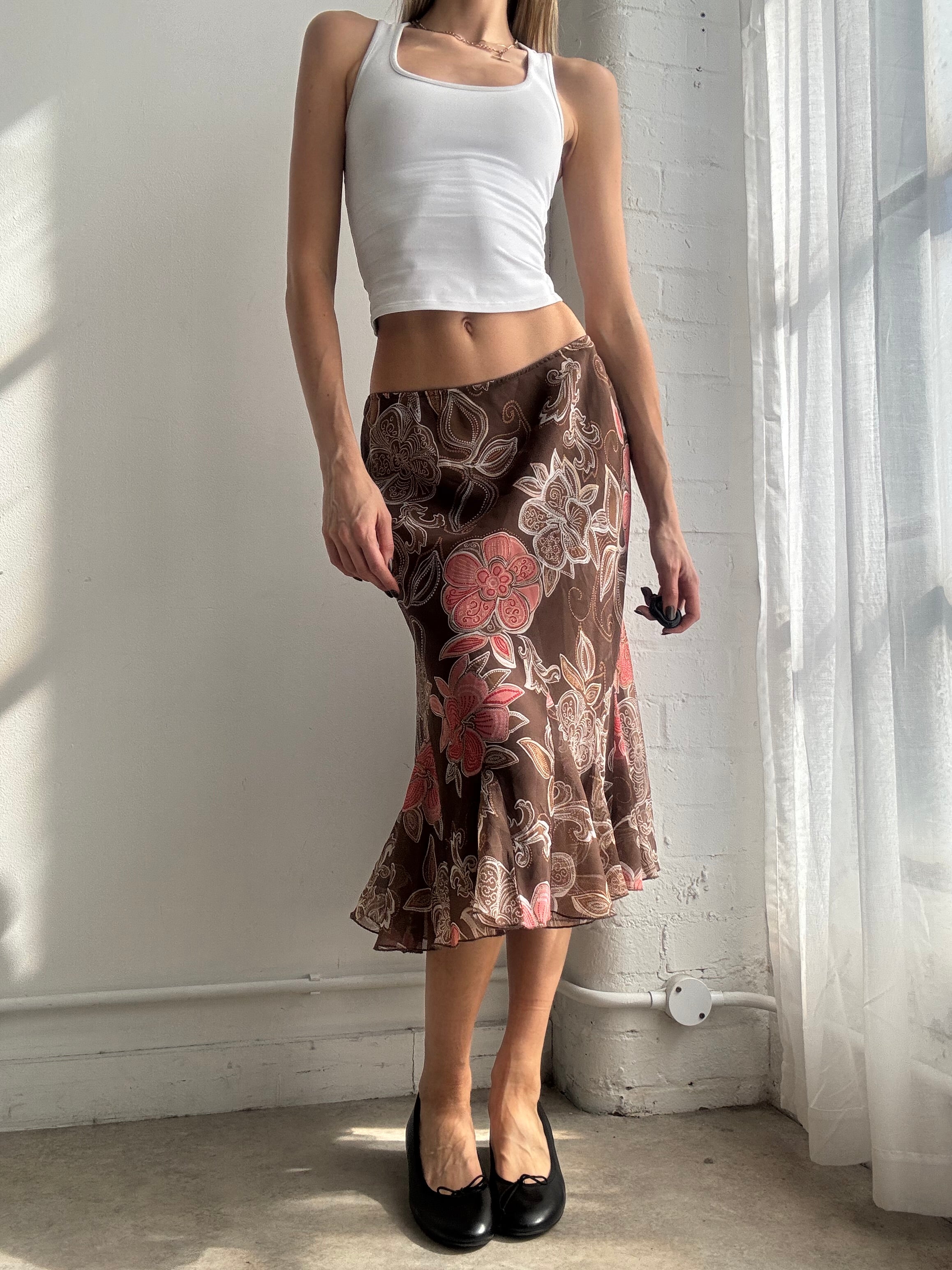 Vintage Y2K brown floral mesh ruffle hem midi skirt