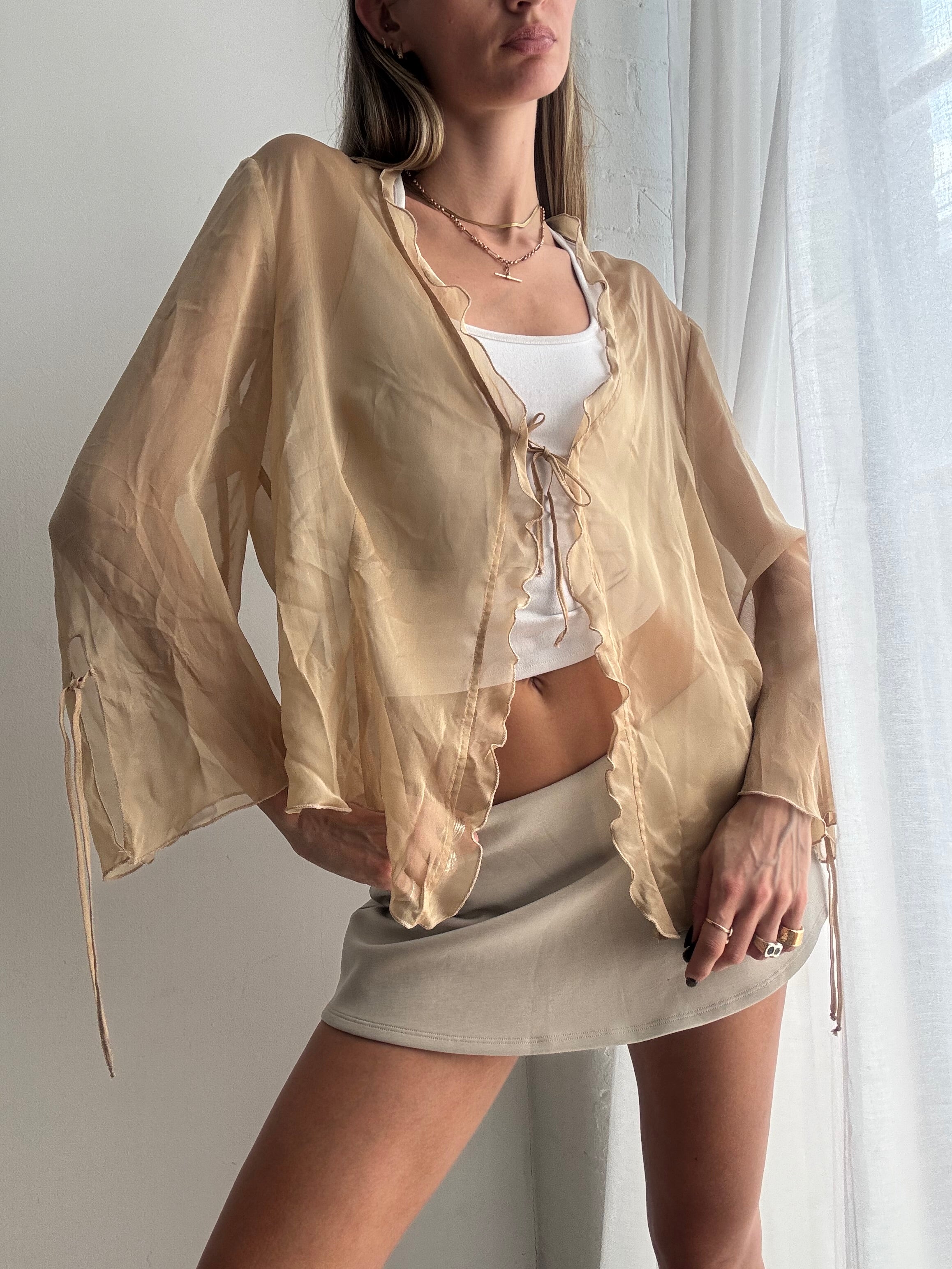 Vintage Y2K sheer champagne tie blouse - Size L