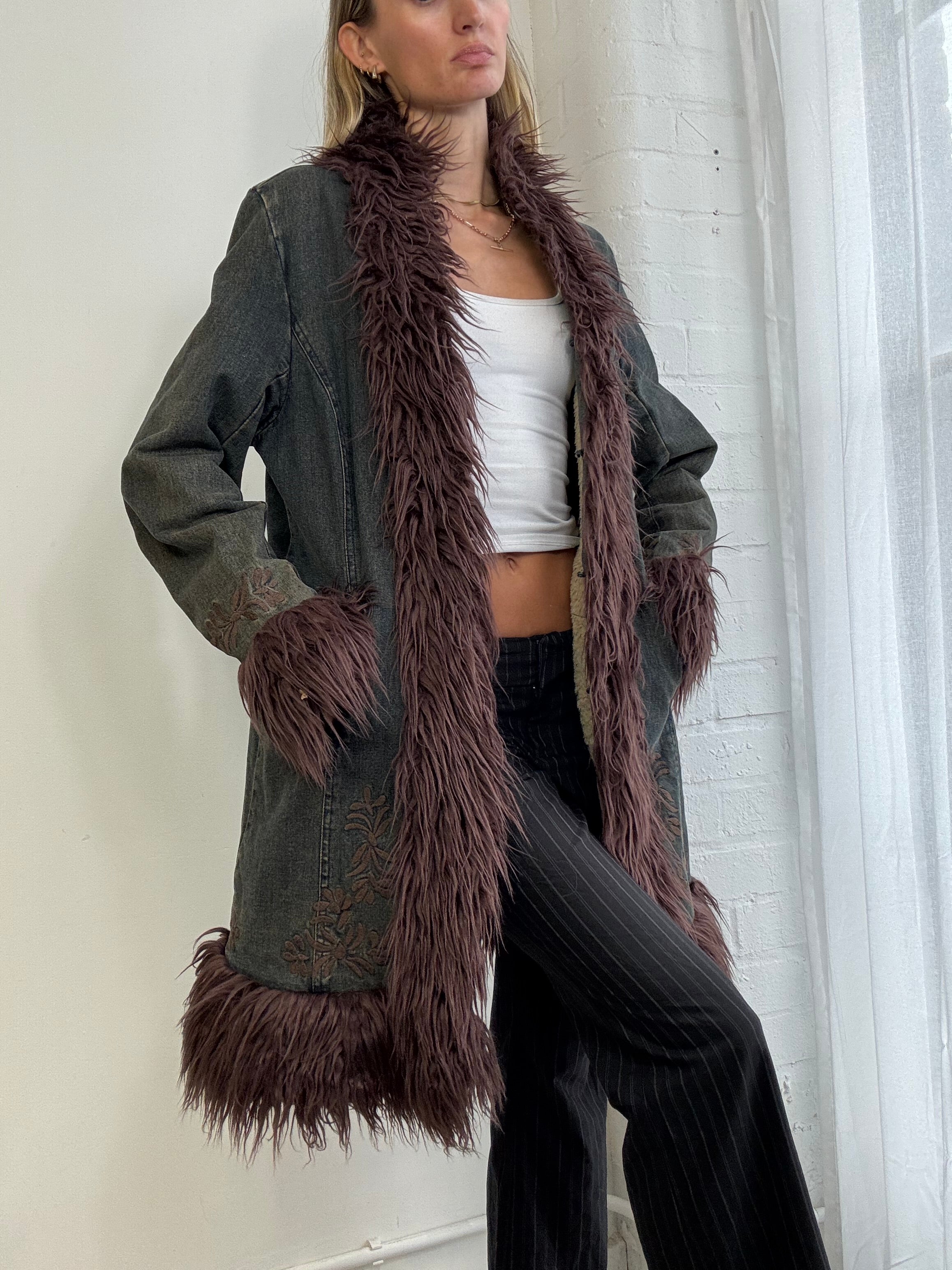 Vintage Y2K denim embroidered afghan coat