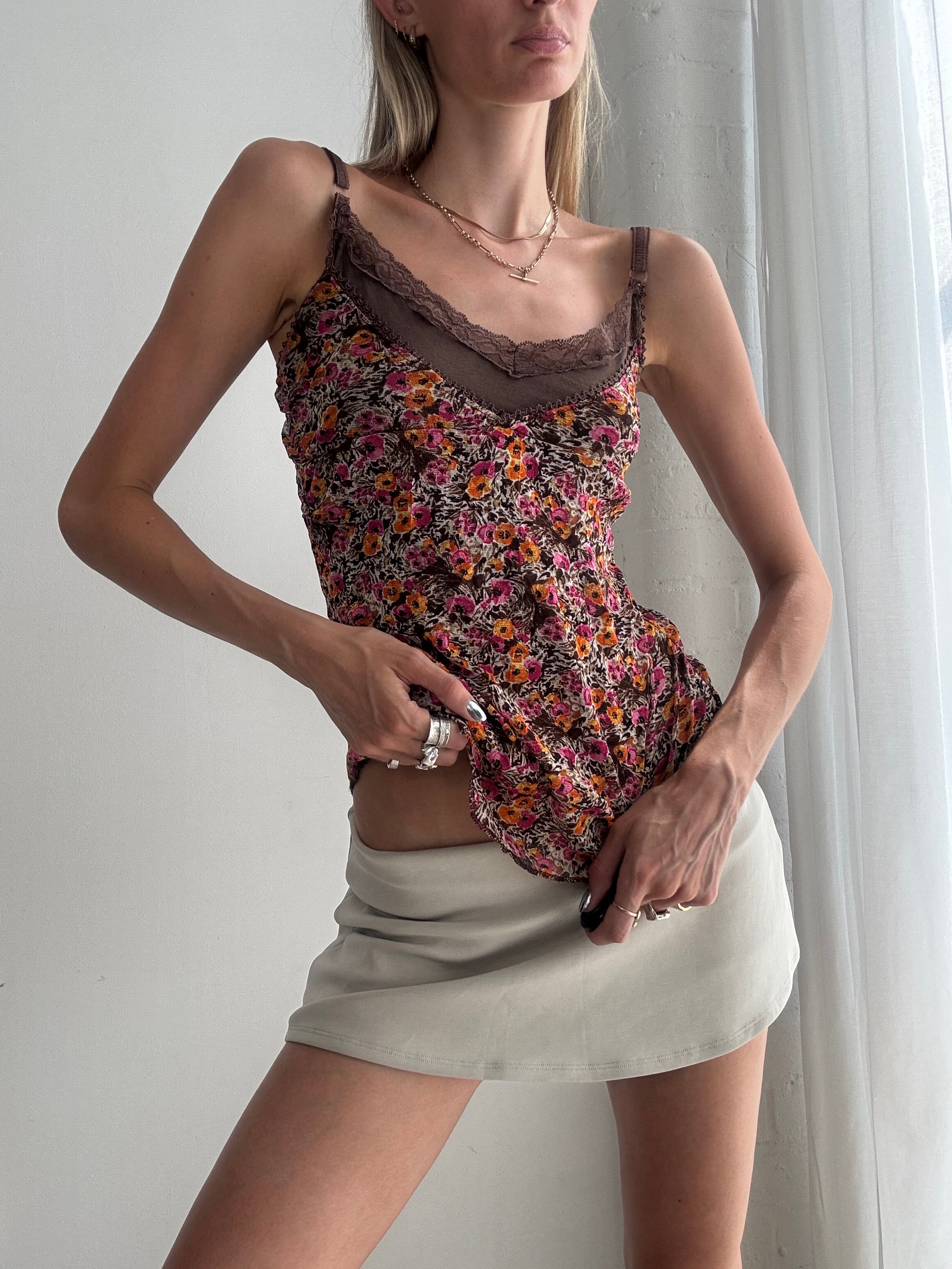 Vintage Y2K Floral Mesh Cami Top – Brown Lace Trim Stretch Tank - Size S