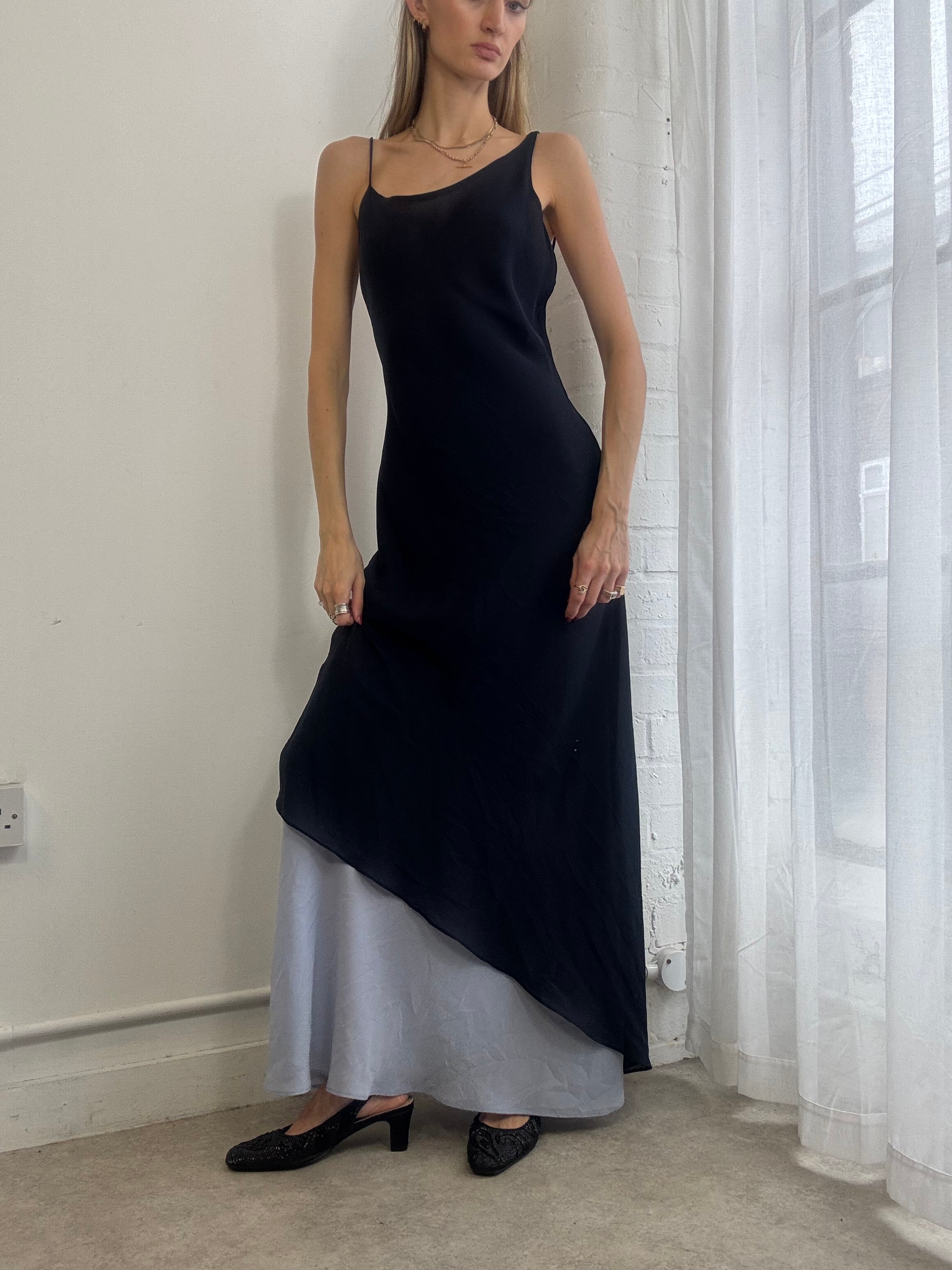Vintage 90s Navy Blue One Shoulder Asymmetric Evening Dress