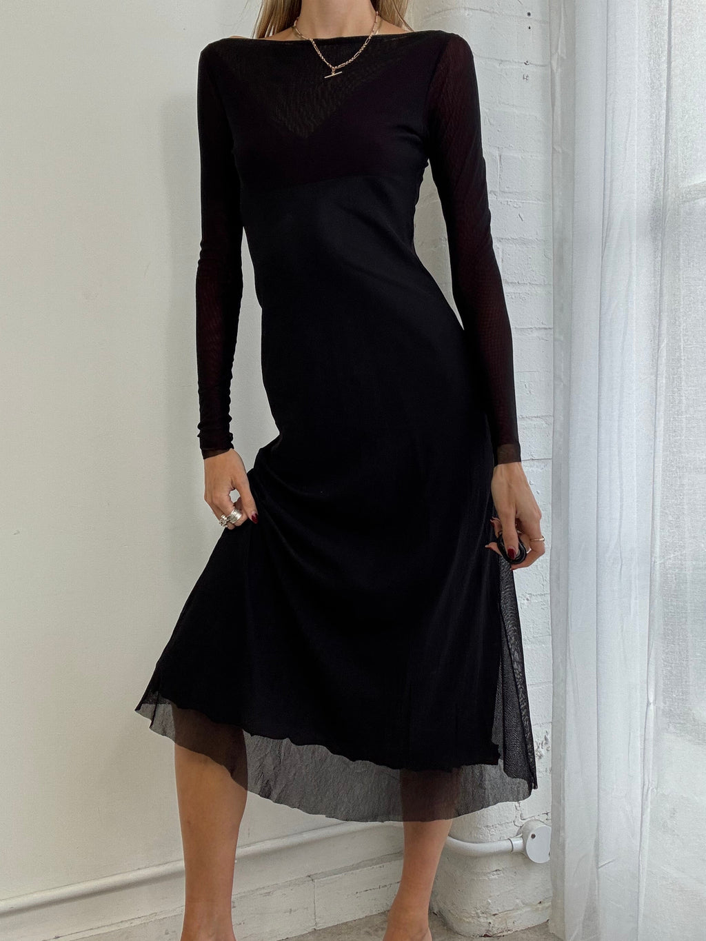 Vintage Y2K mesh boat neck midi dress black