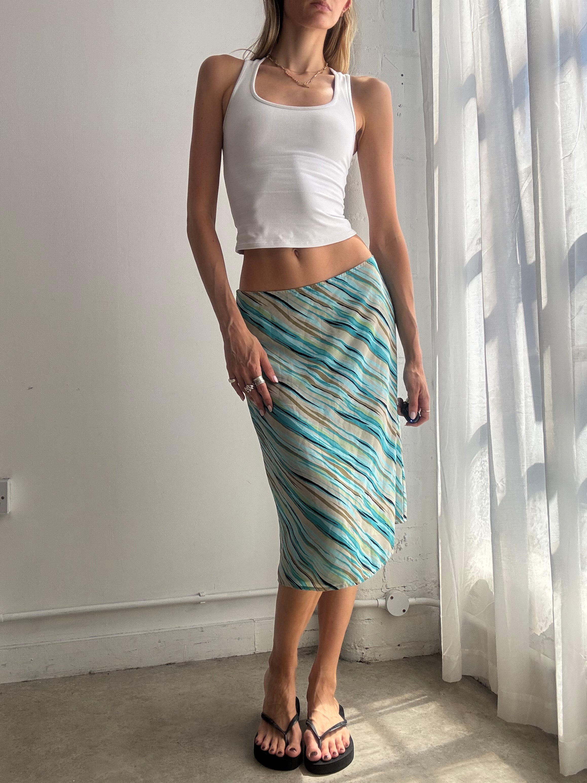 Vintage Turquoise Printed Stripe Midi Skirt Y2K - Size M