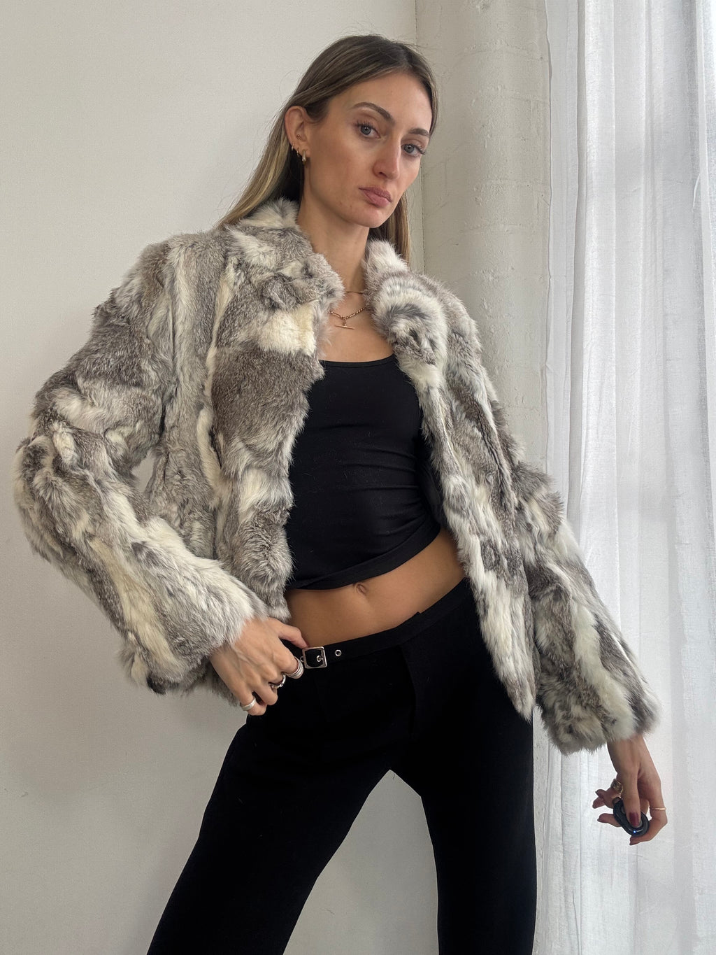 Vintage Y2K grey & white rabbit fur jacket