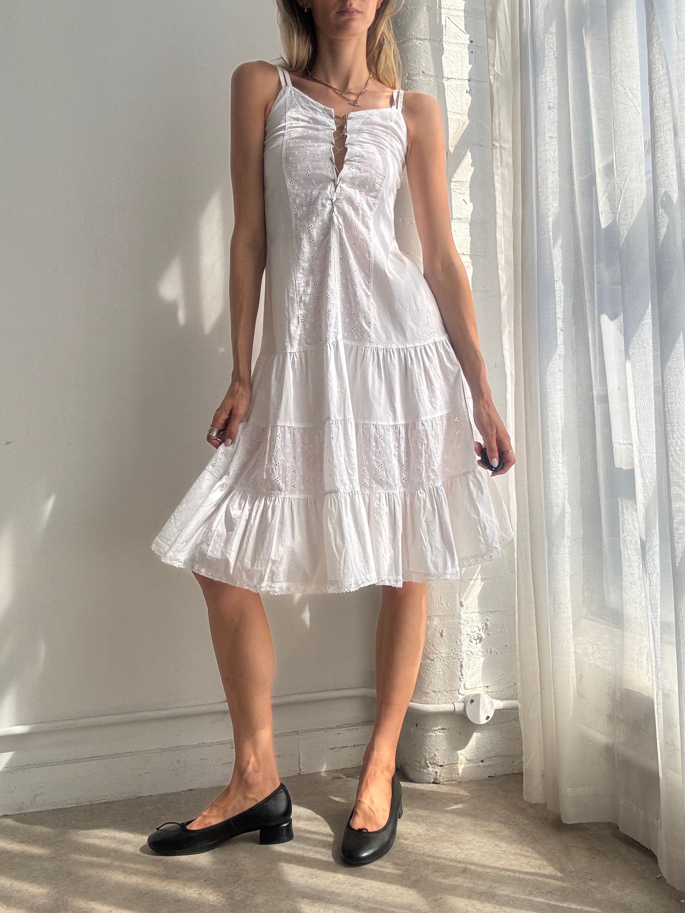 Vintage White Tiered Cotton Midi Dress - Size XS