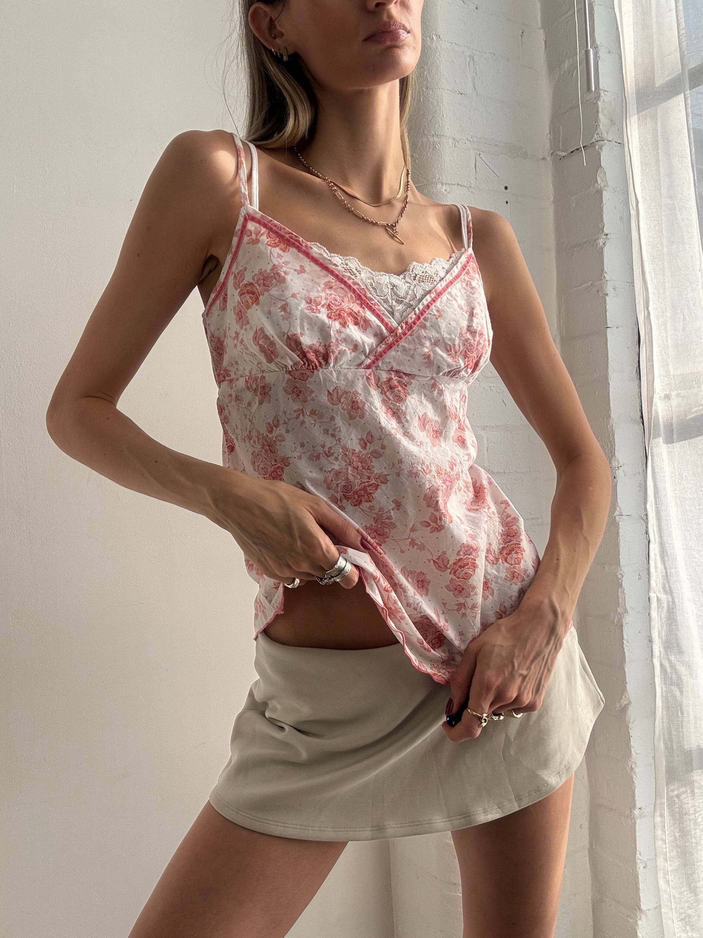 Vintage Y2k Floral Cami Top Lace Trim White Pink
